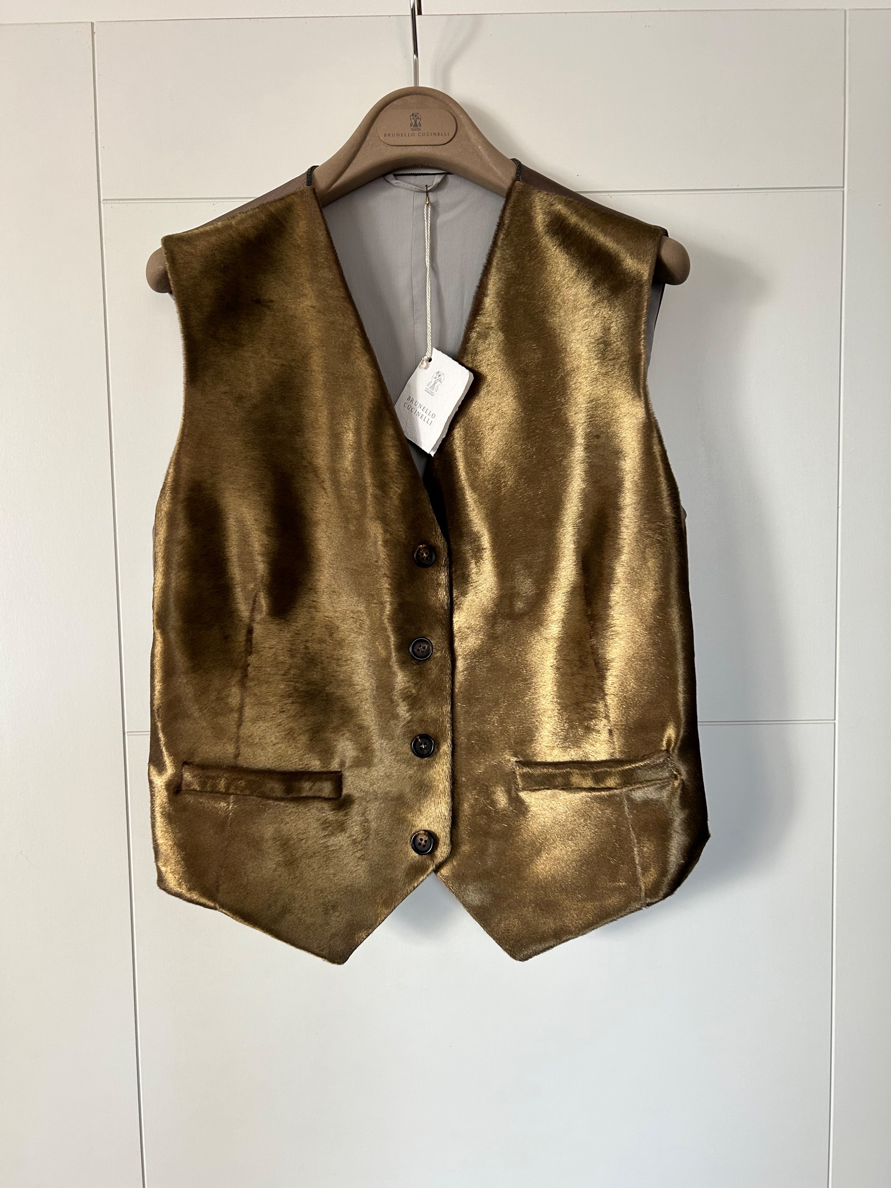 Brunello Cucinelli Bead-embellished metallic calf hair vest Size M Bronze leather