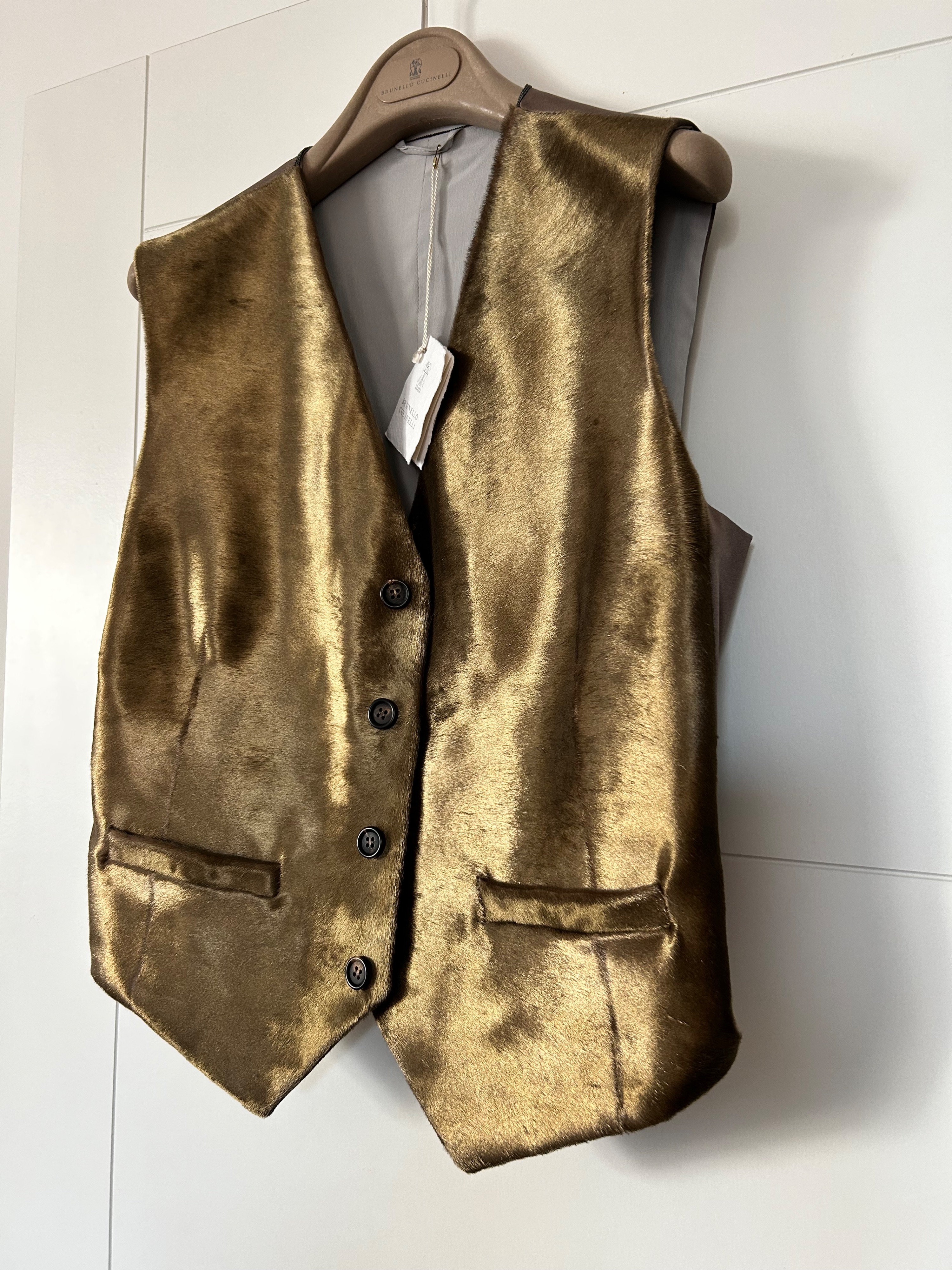 Brunello Cucinelli Bead-embellished metallic calf hair vest Size M Bronze leather