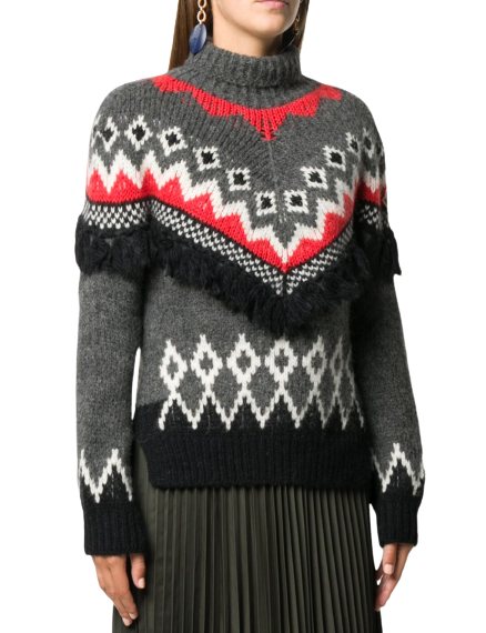 Moncler intarsia patterned fringed jumper Size S Grey  Orange  Black wool