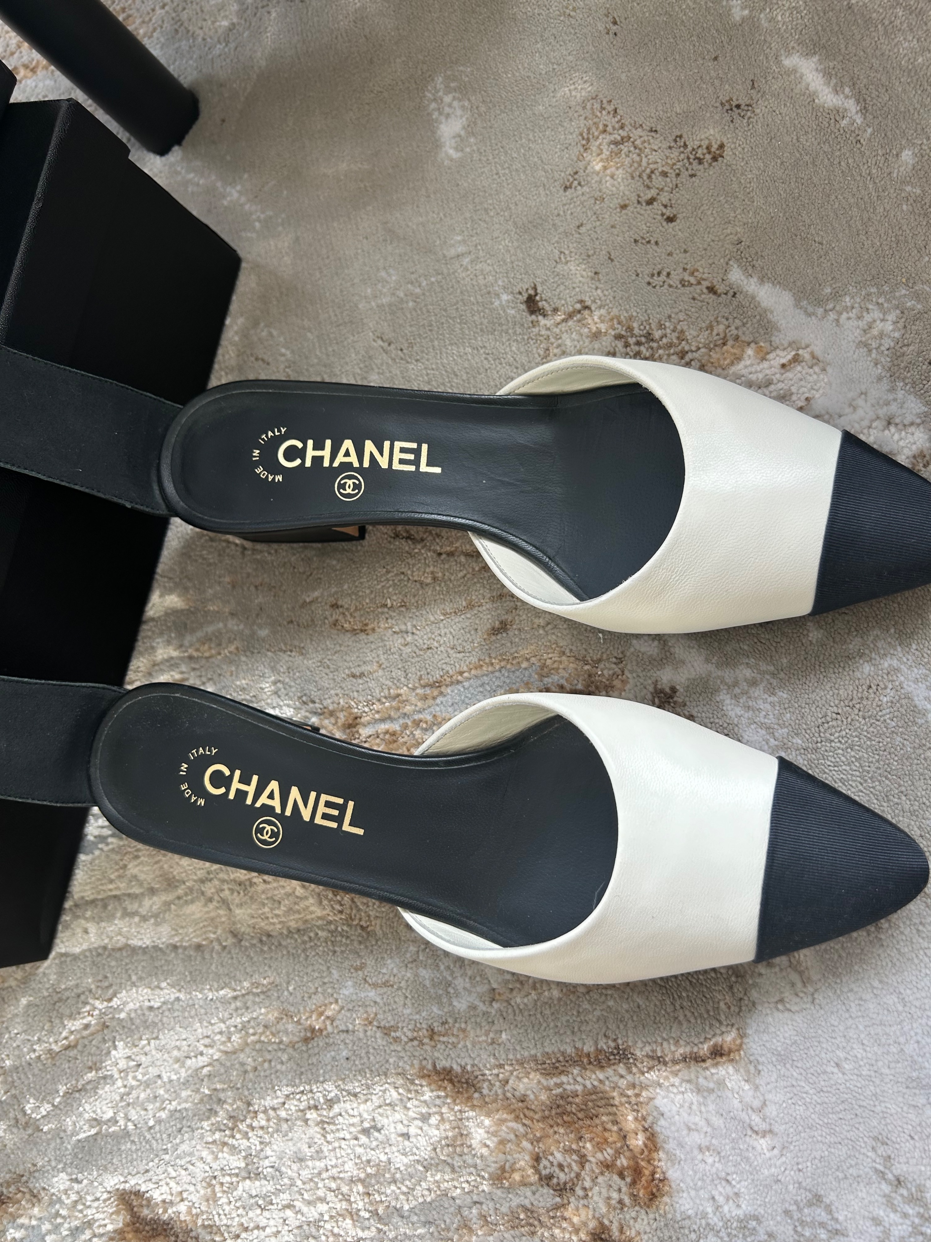 Preowned Chanel Black and White Logo Ankle Strap Pumps Size 38 leather