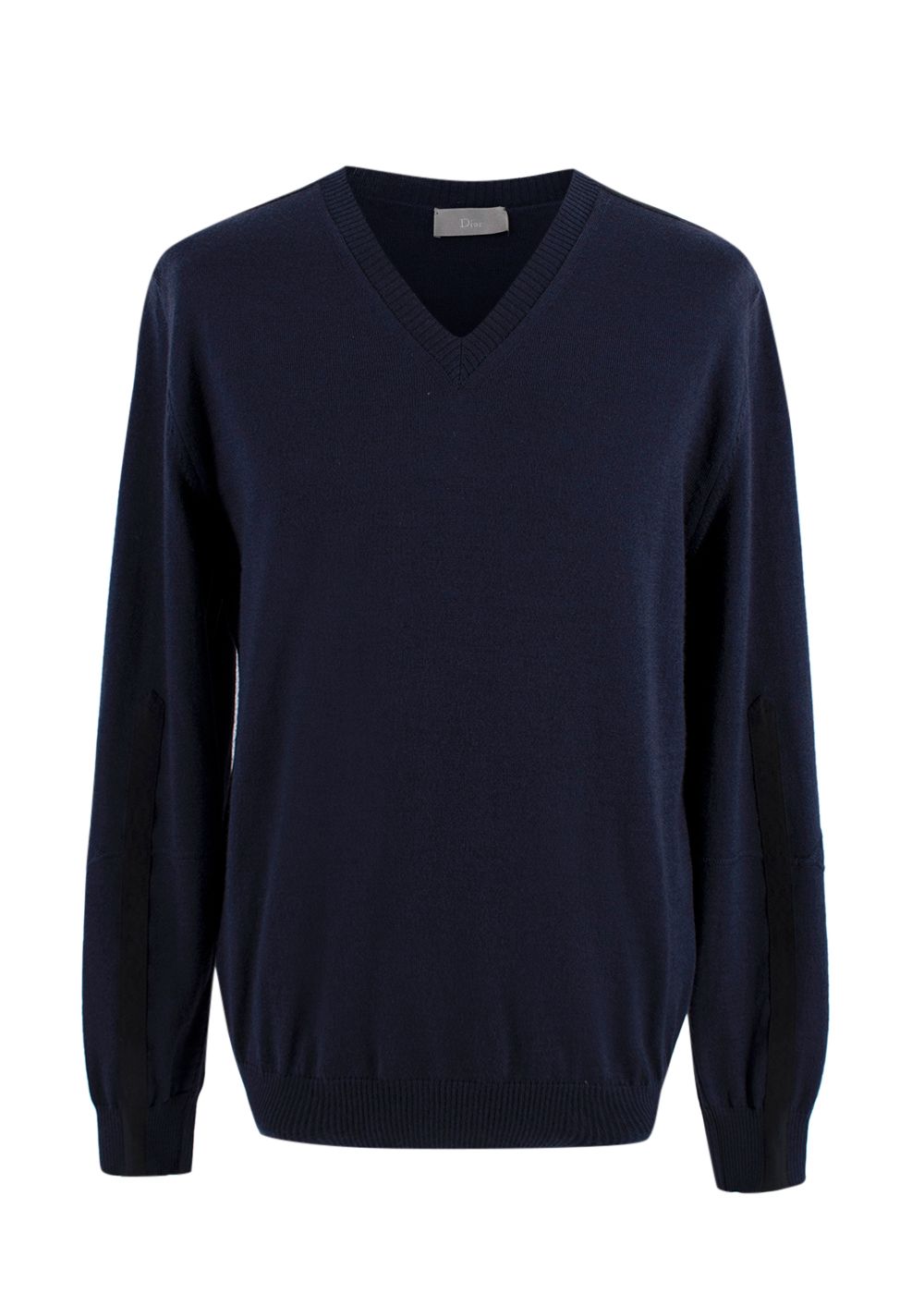 Men's Dior Navy V-Neck Wool Jumper With Sleeve Detail Size L