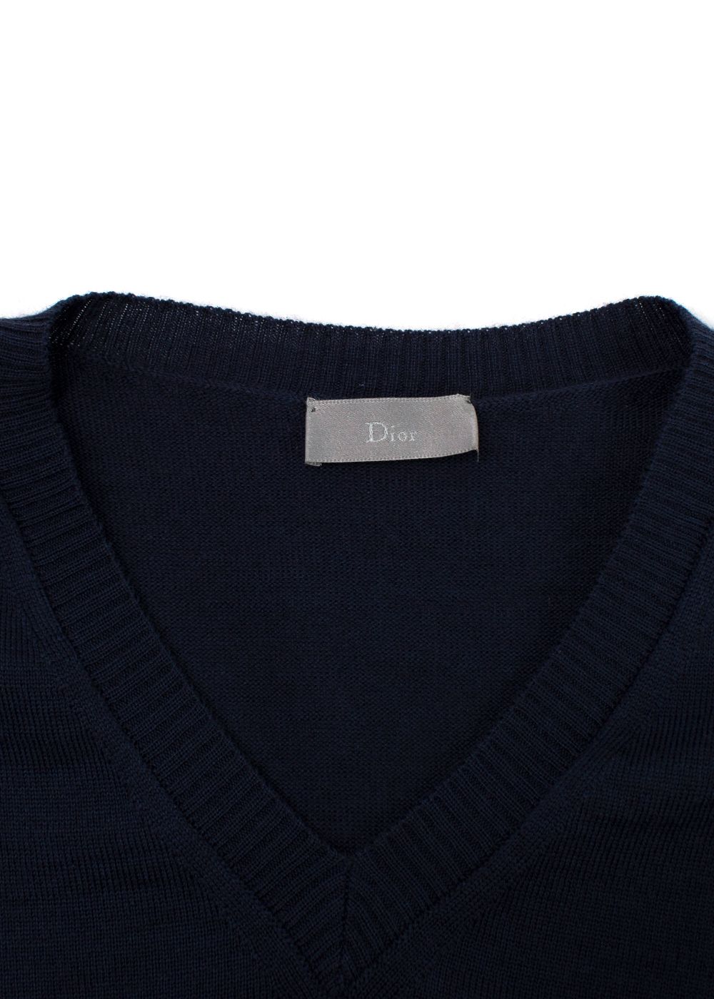 Men's Dior Navy V-Neck Wool Jumper With Sleeve Detail Size L