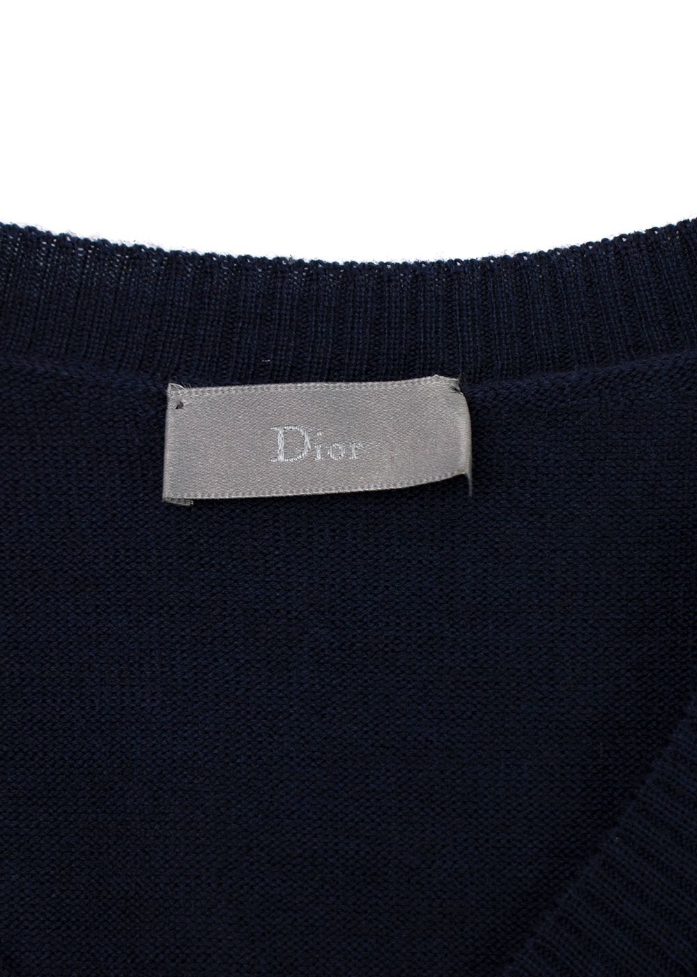 Men's Dior Navy V-Neck Wool Jumper With Sleeve Detail Size L