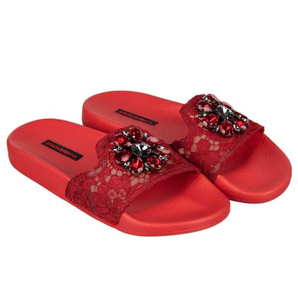 Dolce  Gabbana Red Crystal Embellished Lace Sliders Size 36