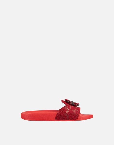 Dolce  Gabbana Red Crystal Embellished Lace Sliders Size 36