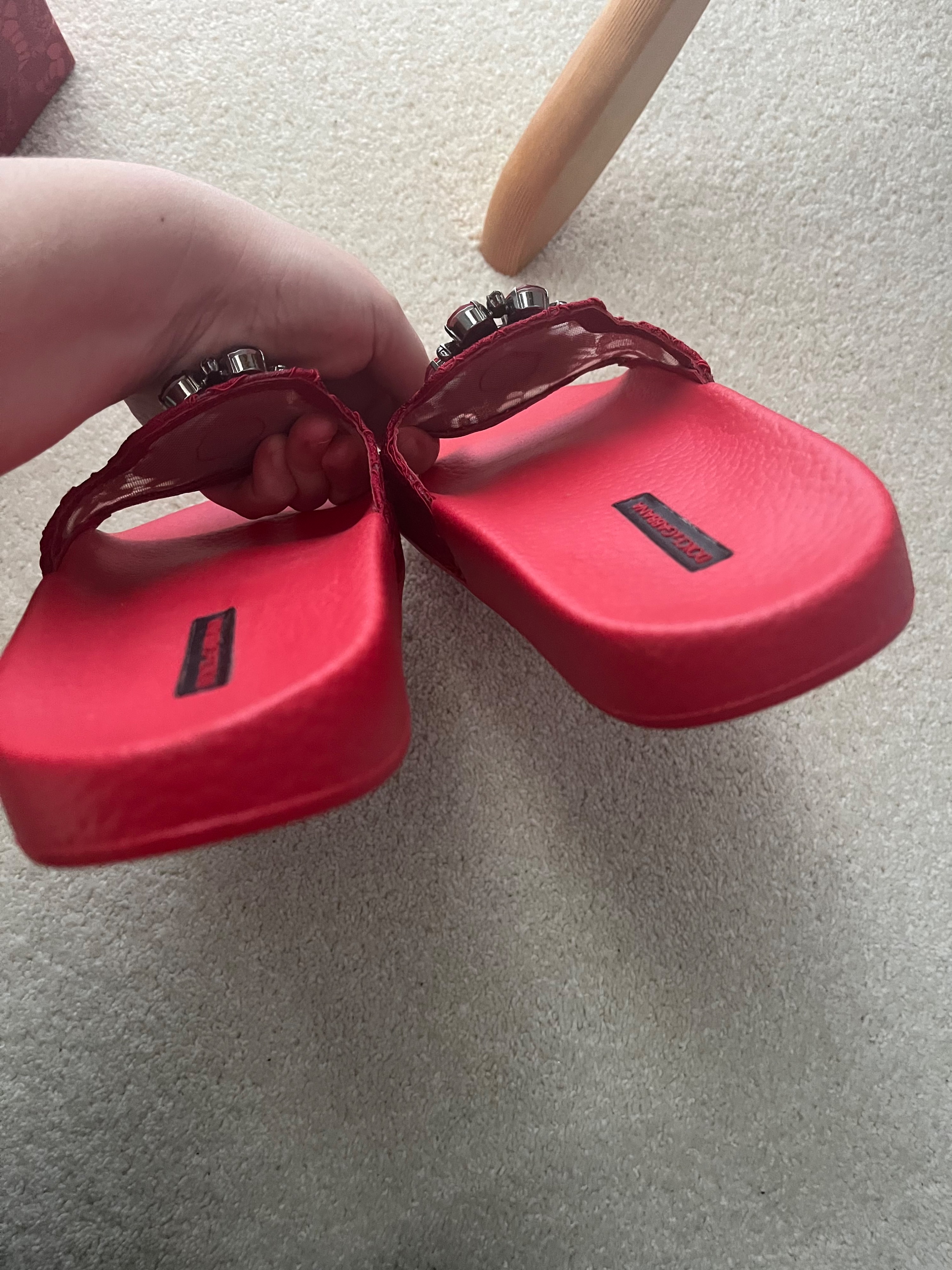 Dolce  Gabbana Red Crystal Embellished Lace Sliders Size 36