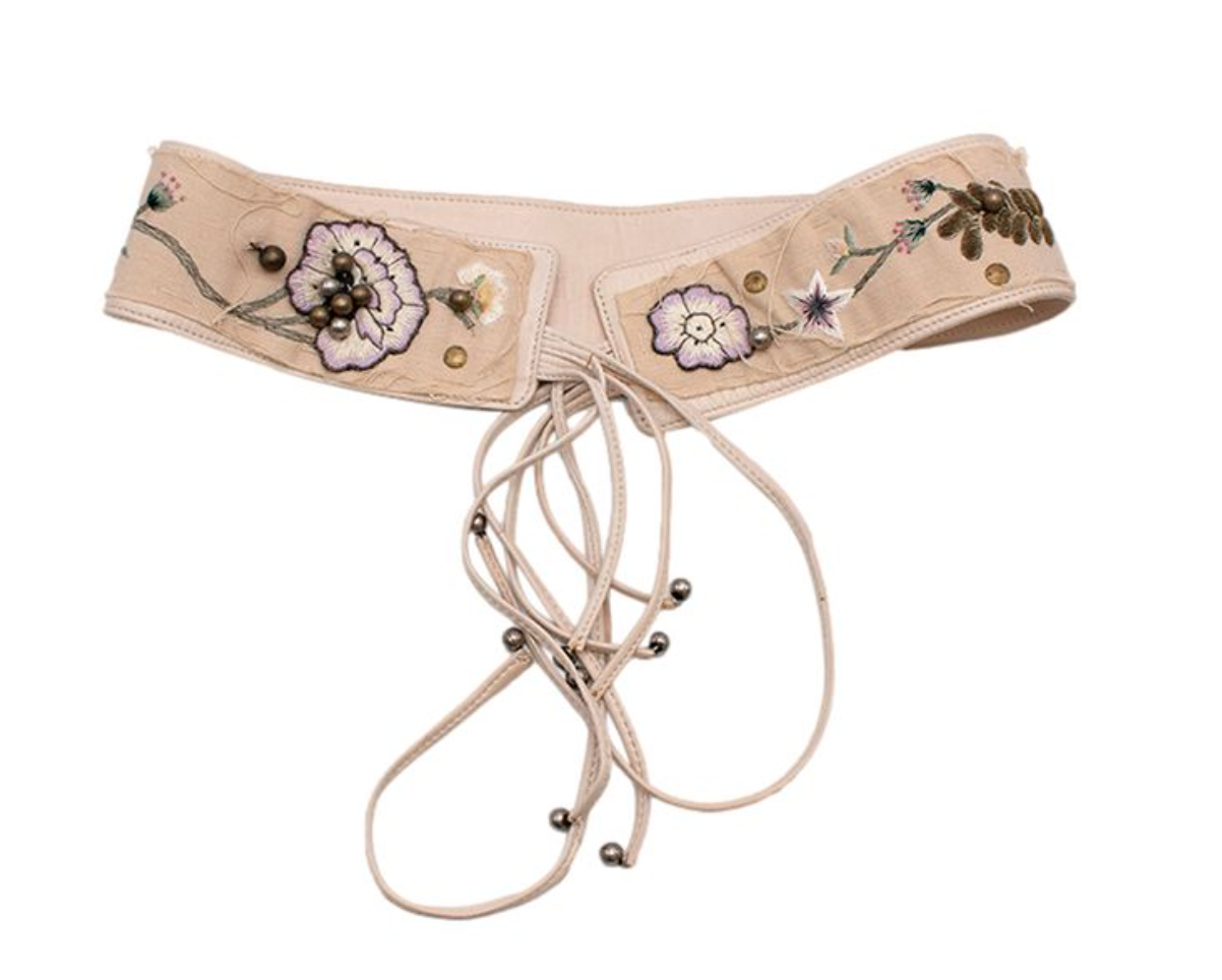 Preowned Chloe vintage cream leather floral embroidered belt Size 32/81