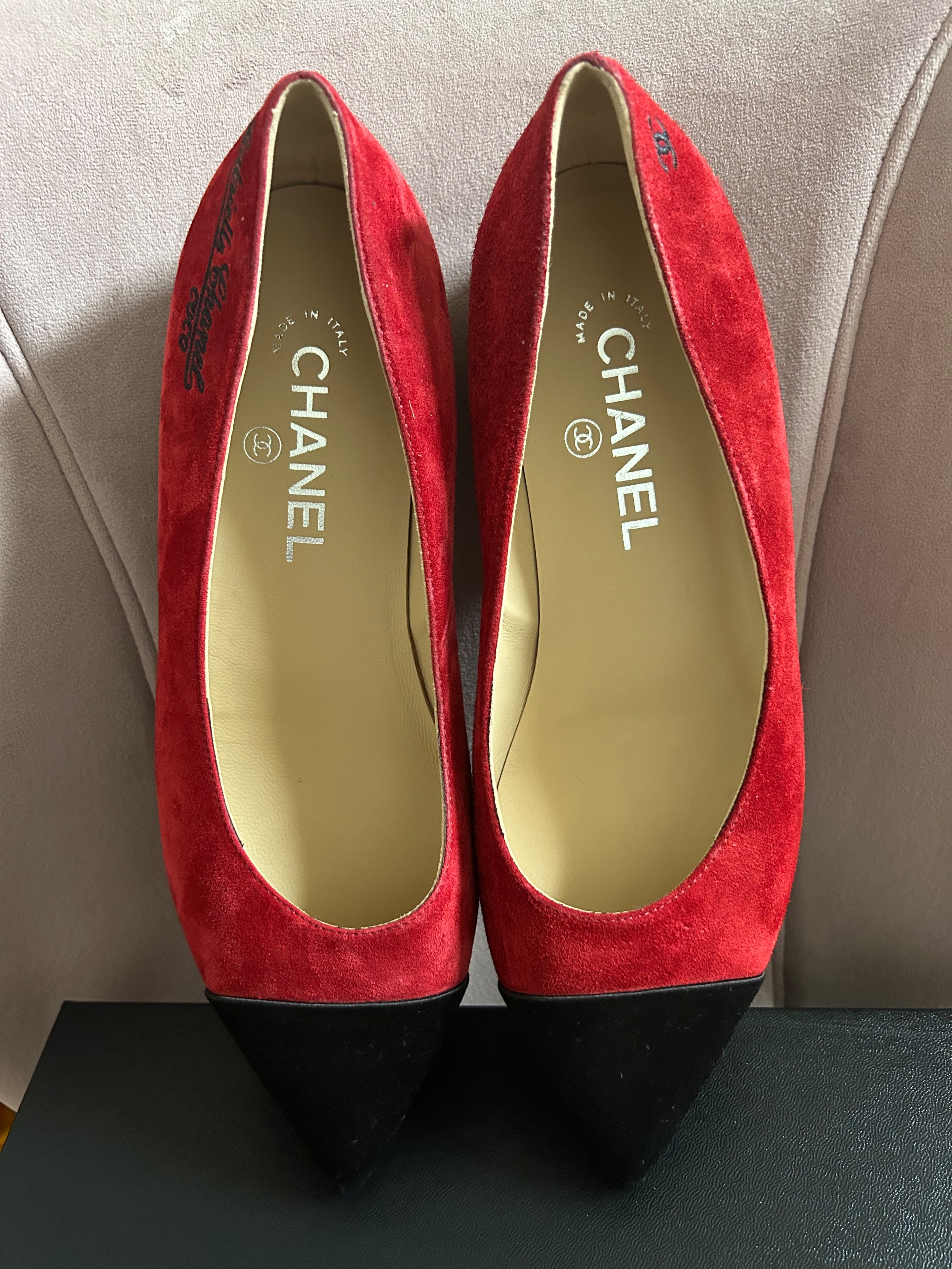 Chanel Red Suede Gabrielle Ballerinas Size 375 Black  wine