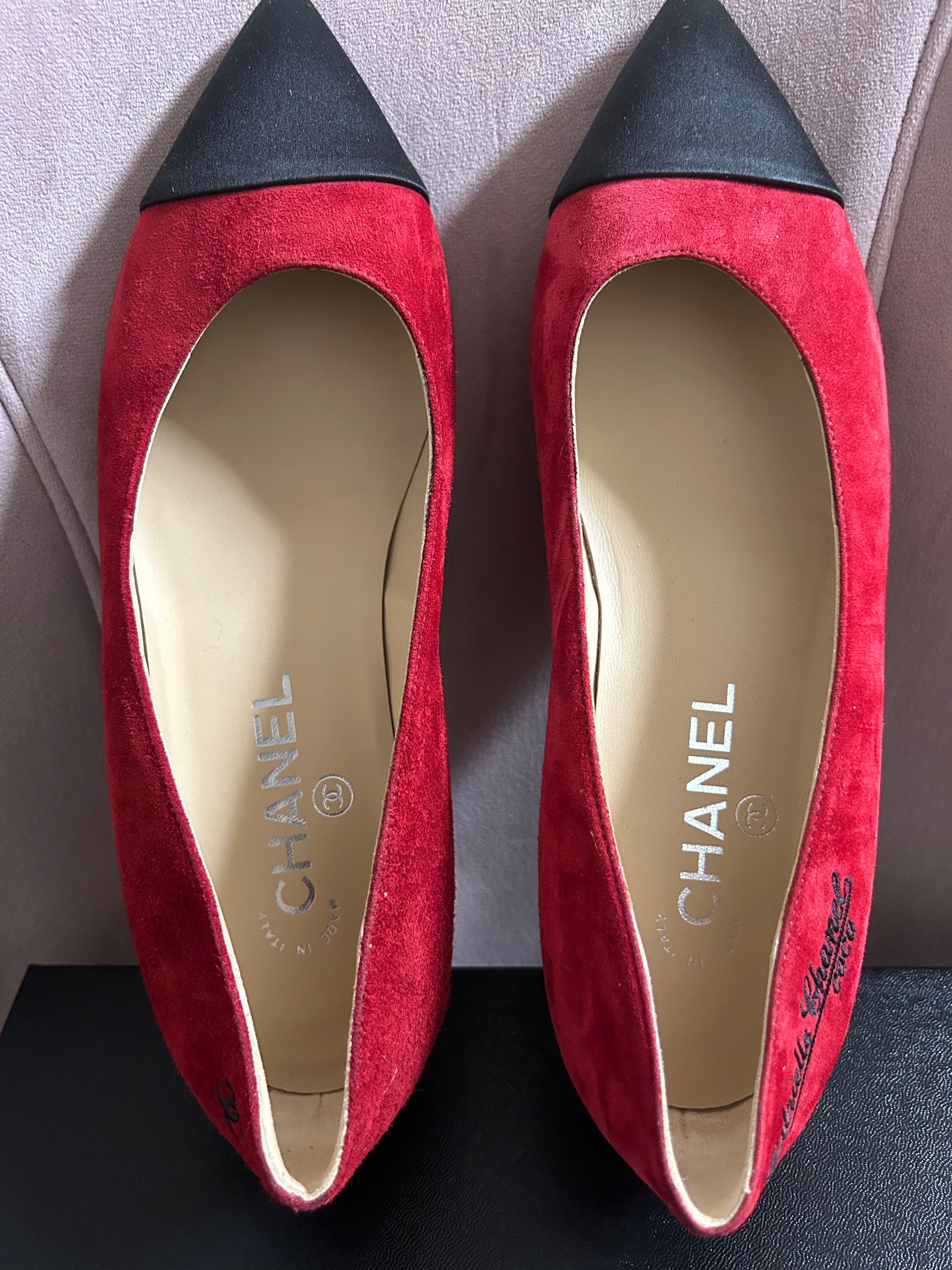 Chanel Red Suede Gabrielle Ballerinas Size 375 Black  wine