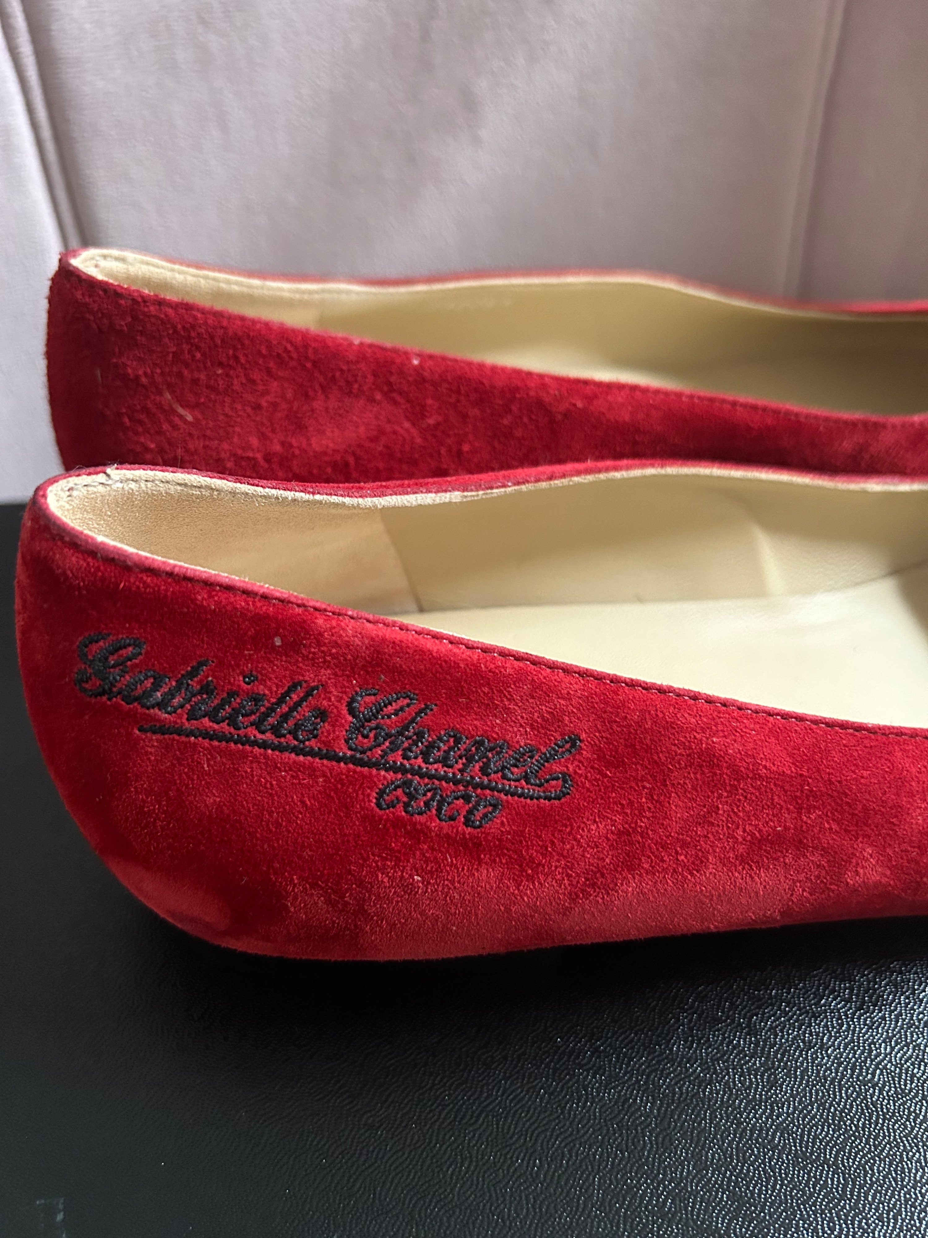 Chanel Red Suede Gabrielle Ballerinas Size 375 Black  wine