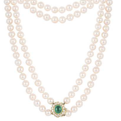 Bespoke Yellow Gold Diamond  Emerald Pendant Pearl Necklace