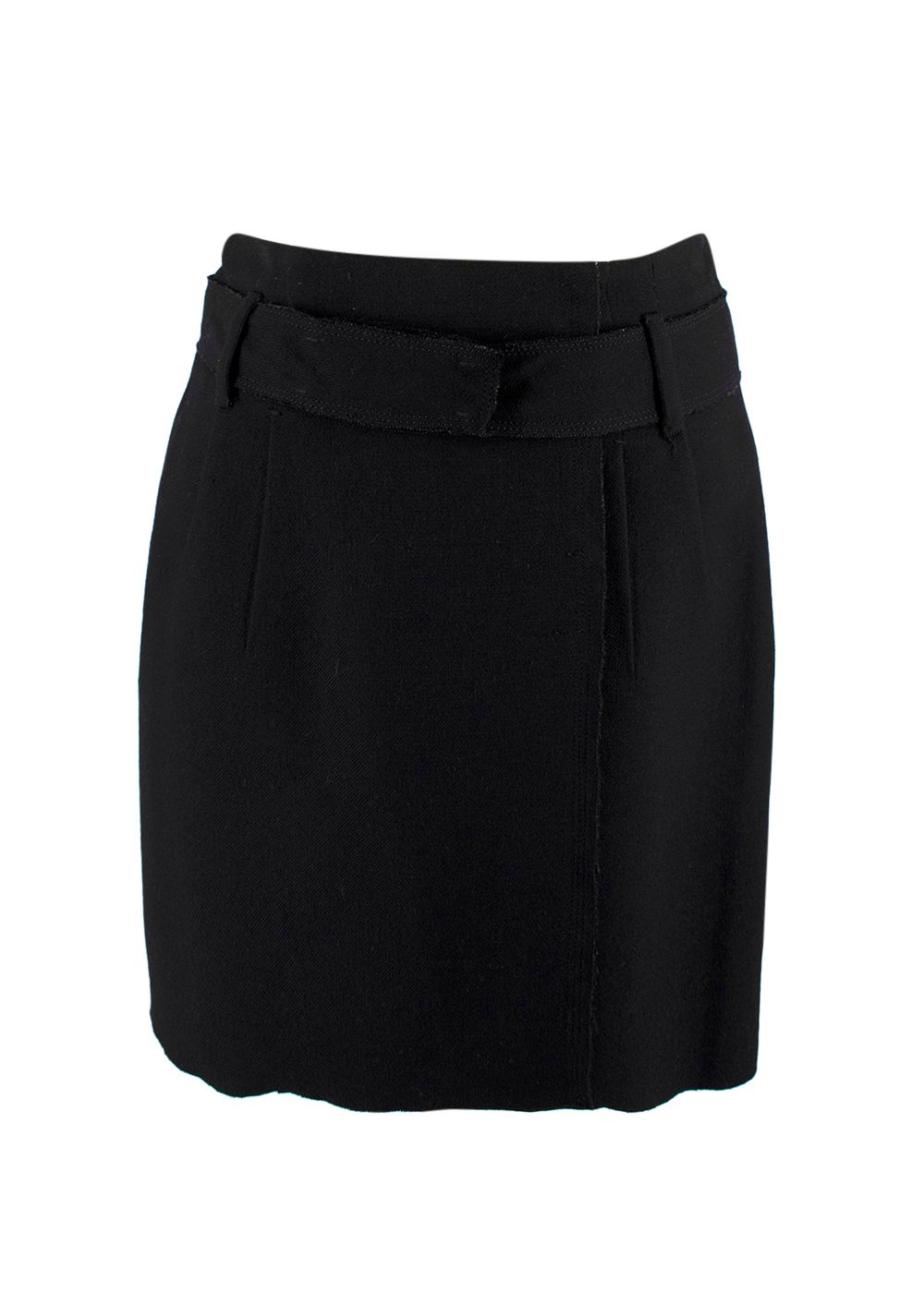 Prada Black Raw Edge Belted Mini Skirt Size S wool