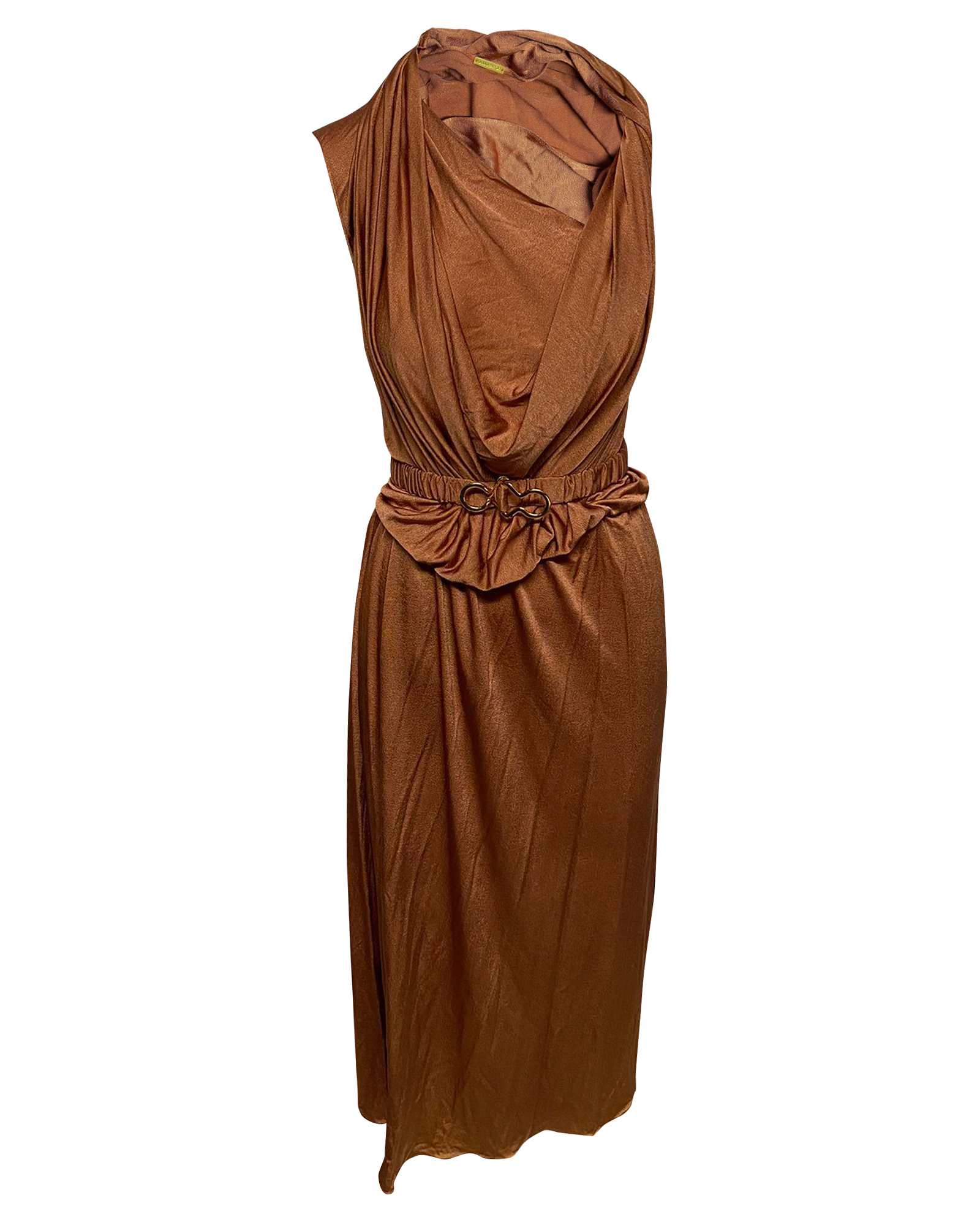 Preowned Ora Brown Satin Belted Midi Dress Size S cellulose fibre/acetate