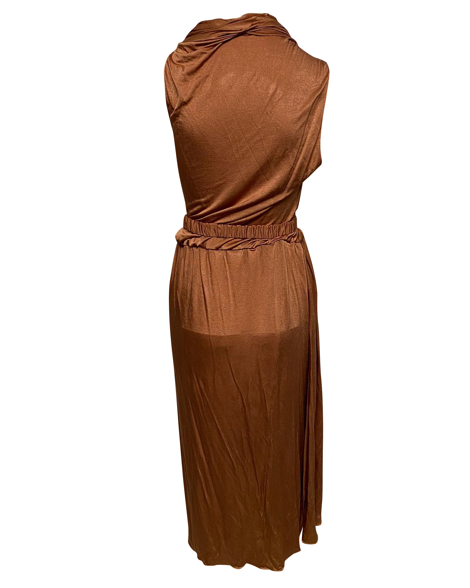 Preowned Ora Brown Satin Belted Midi Dress Size S cellulose fibre/acetate