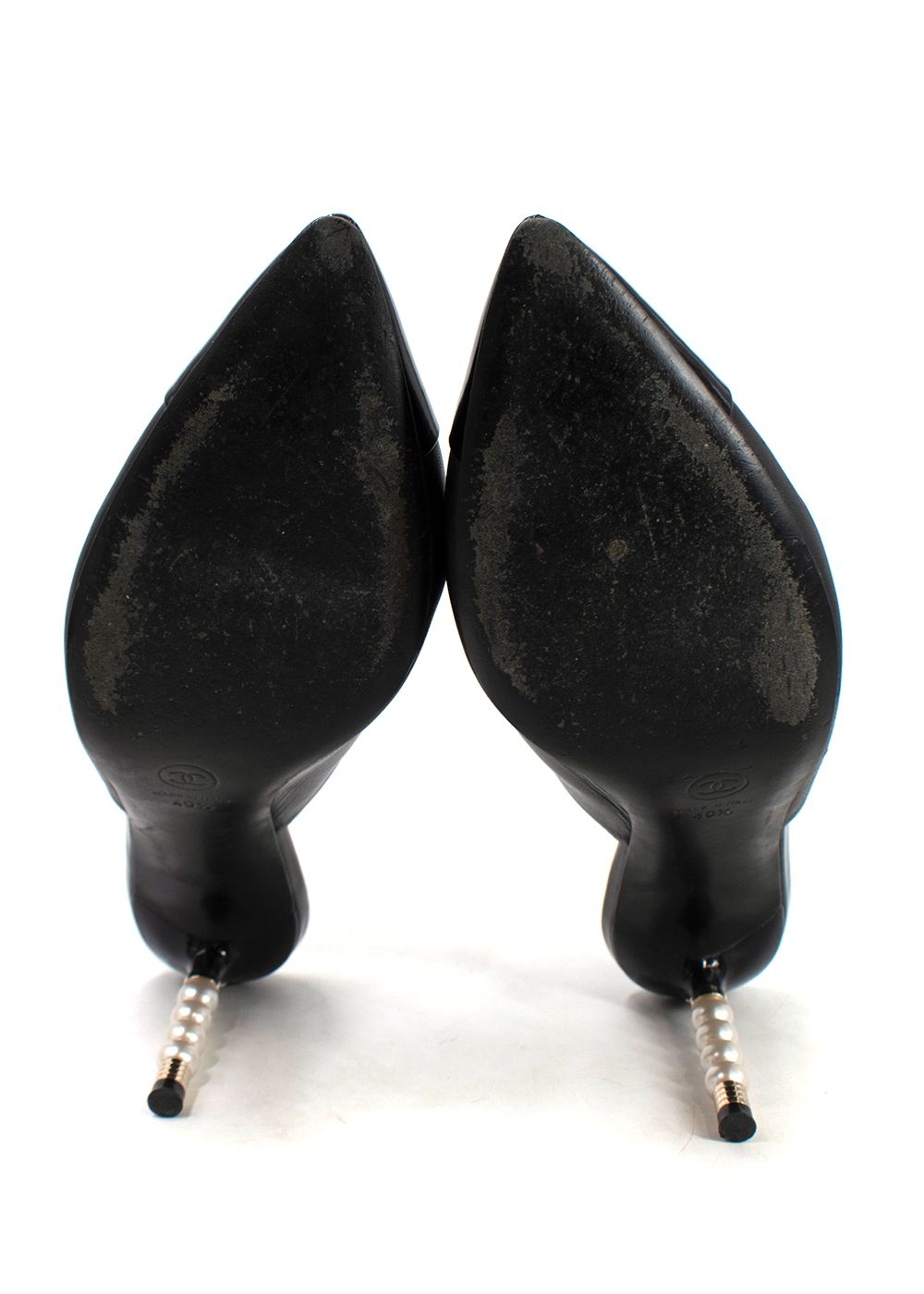 Preowned Chanel Black Leather Mules with Pearl Heel Size 405