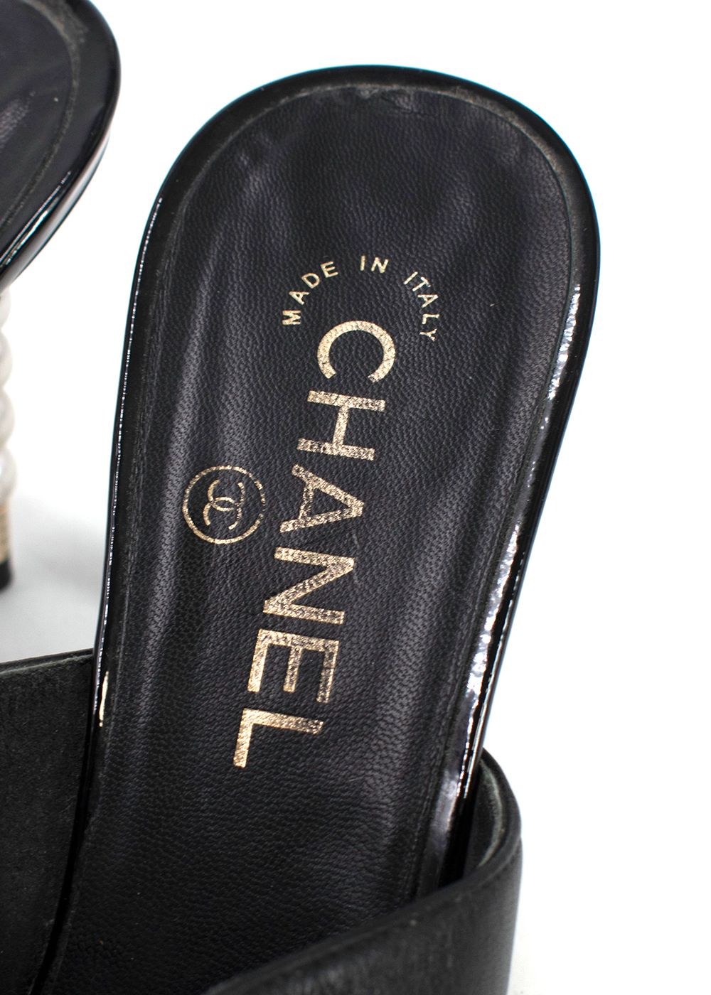 Preowned Chanel Black Leather Mules with Pearl Heel Size 405