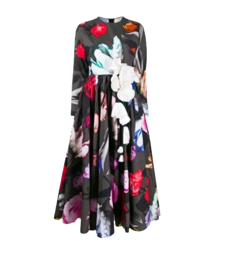 Preowned Prada Floral Embellished Midi Dress with Floral Applique Size XS Grey and white cotton/silk