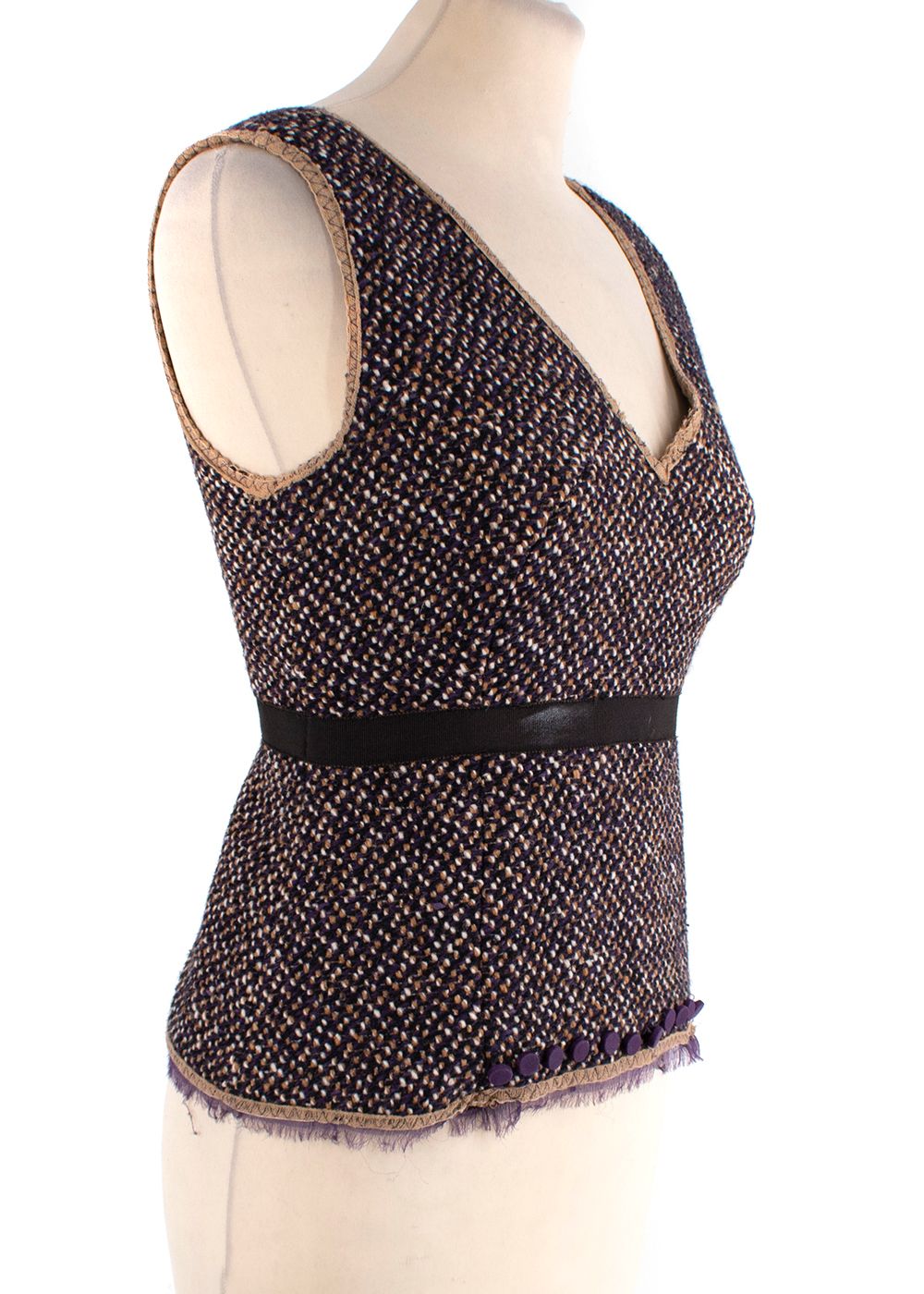 Preowned Prada Purple  beige tweed shell top Size M Purple brown  white and black