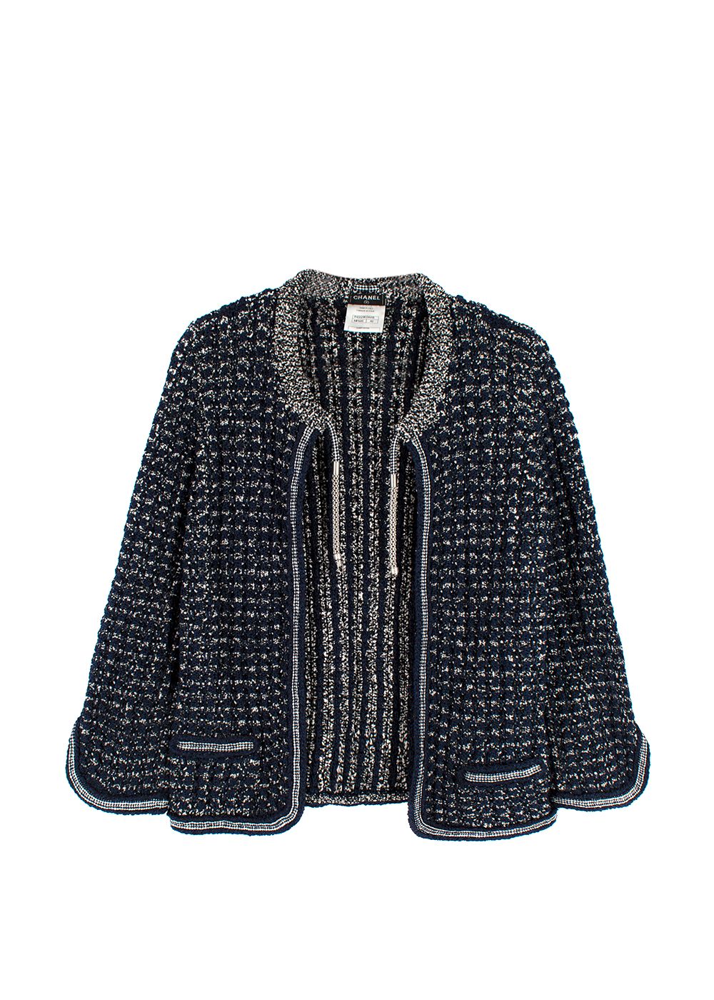 Chanel Navy Cotton Blend Knitted Cardigan Size S Blue White