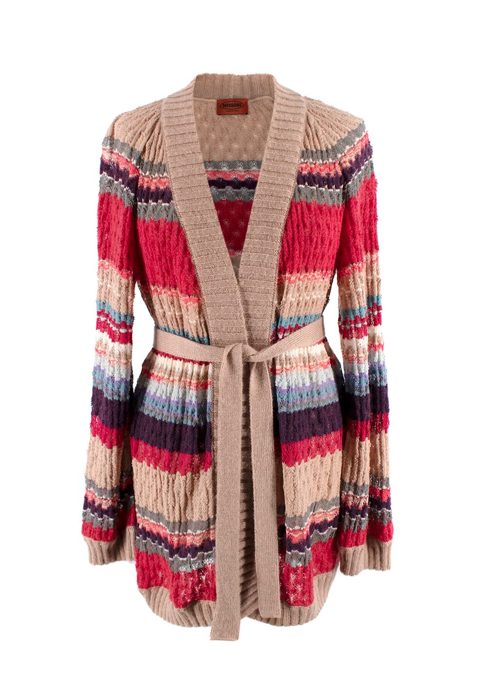 Preowned Missoni Multicolor Striped Knitted Cardigan with Belt Size XS Pink/Purplw/Blue/Grey wool