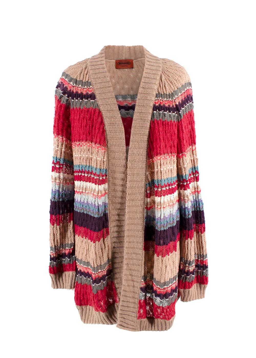 Preowned Missoni Multicolor Striped Knitted Cardigan with Belt Size XS Pink/Purplw/Blue/Grey wool