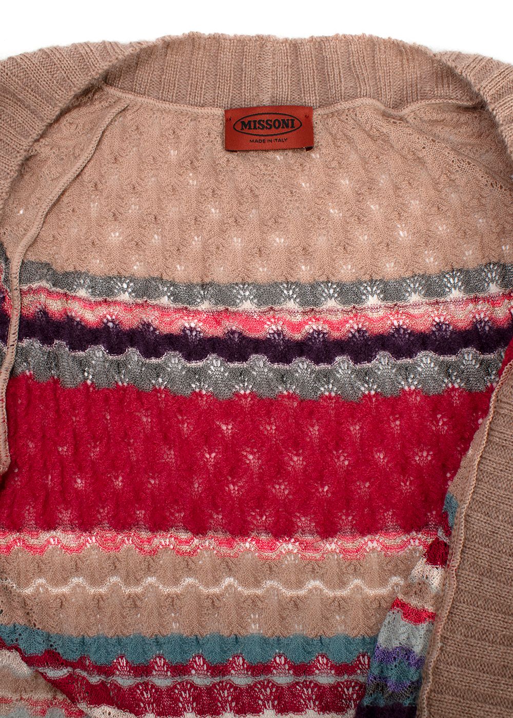 Preowned Missoni Multicolor Striped Knitted Cardigan with Belt Size XS Pink/Purplw/Blue/Grey wool