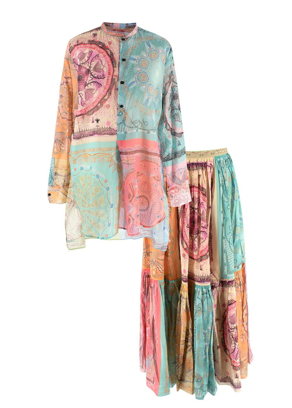 Dior Multicoloured Paisley Patchwork Silk Blouse and Maxi Skirt Set Size XS Multi-Coloured cotton