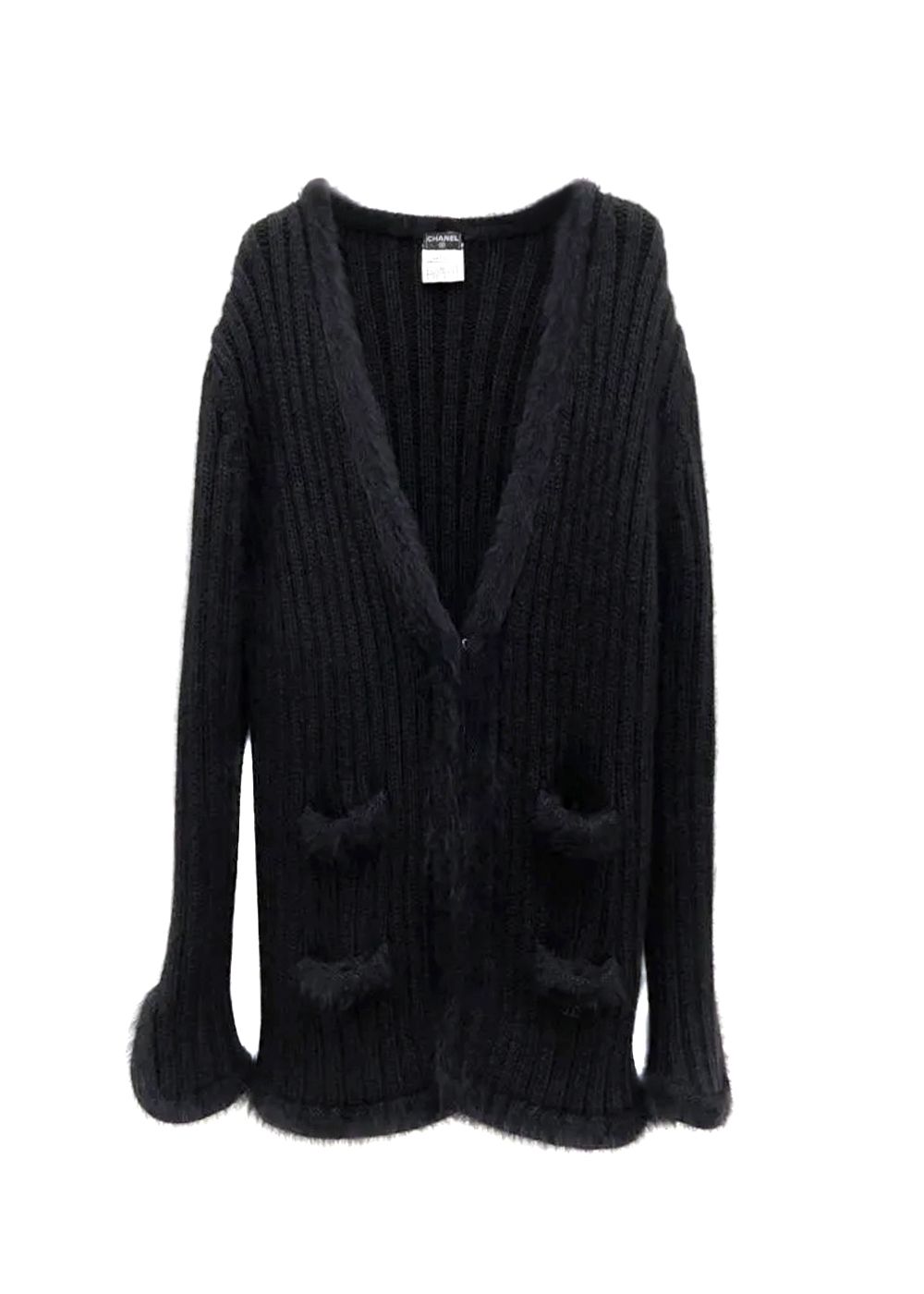 Preowned Chanel Black Angora Rib Knit Cardigan Size M