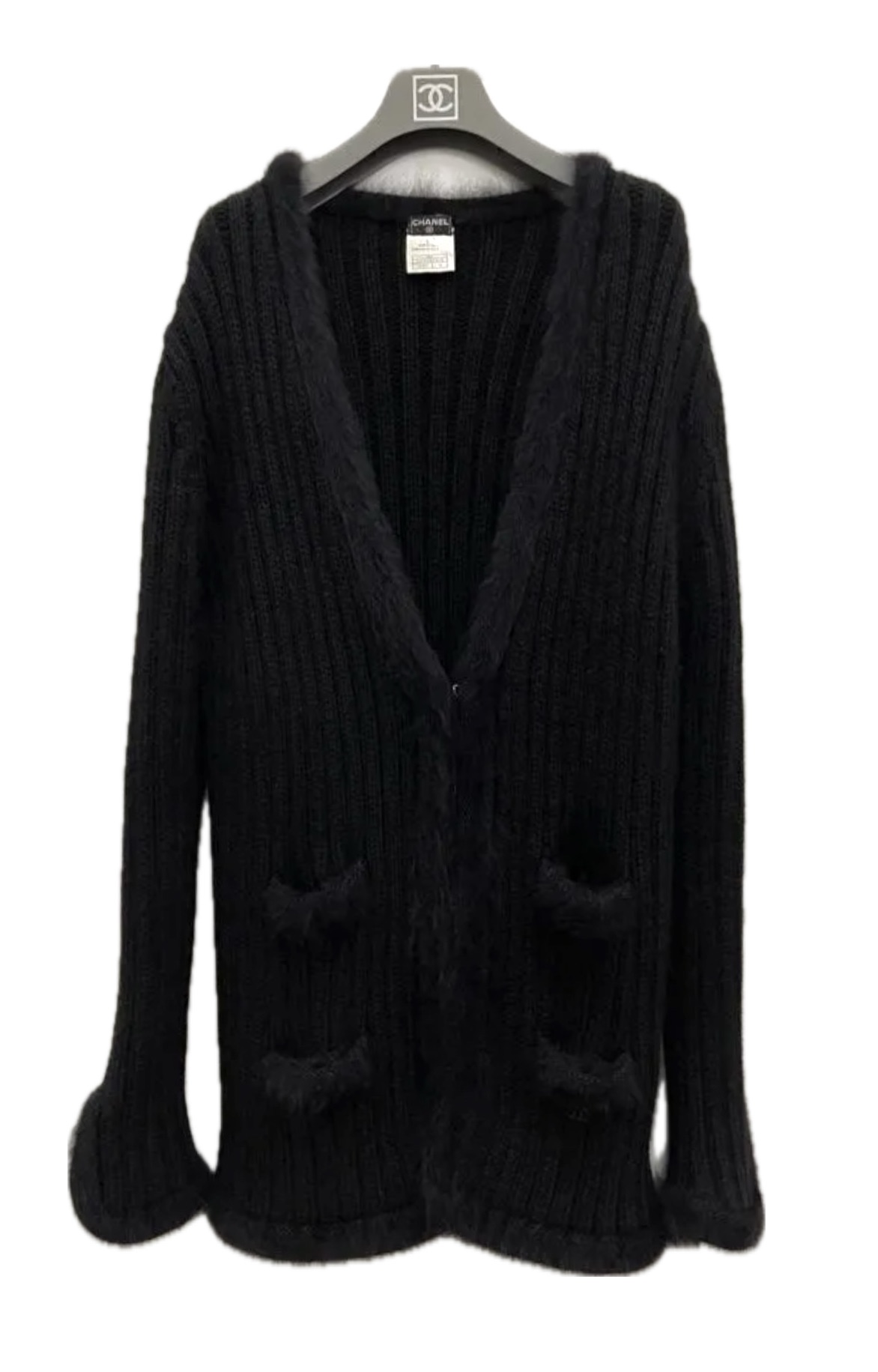 Preowned Chanel Black Angora Rib Knit Cardigan Size M