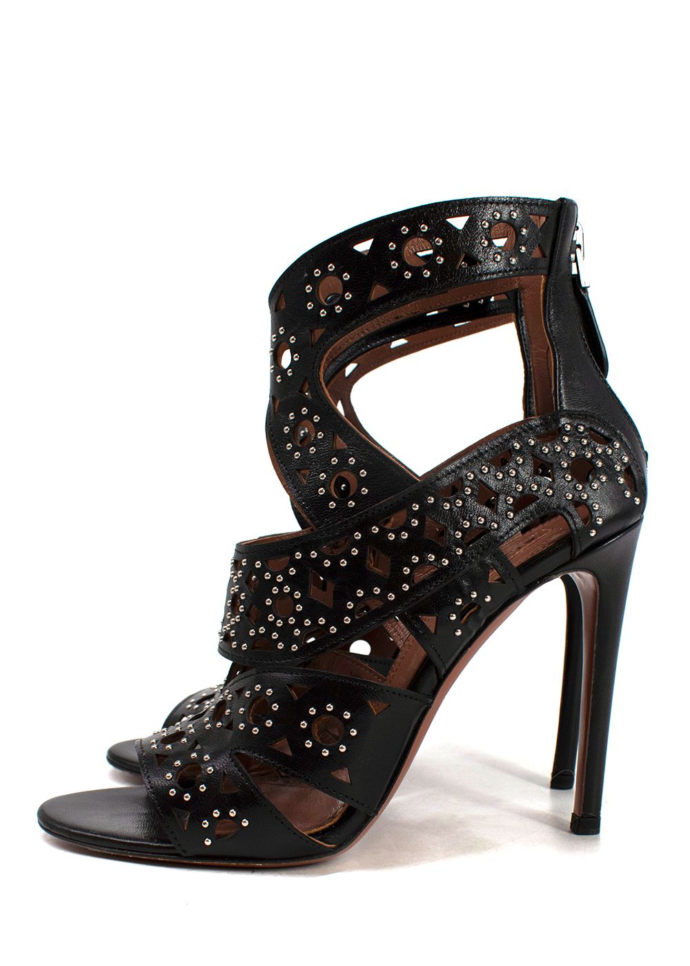 Alaia Black Leather Laser-cut Studded Sandals Size 36