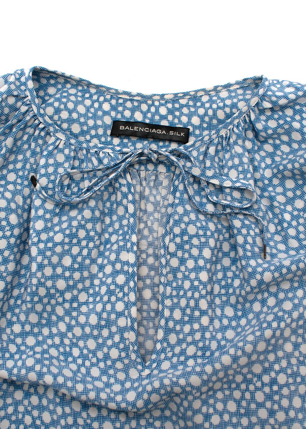 Preowned Balenciaga Blue Polka Dot Asymmetric Silk Blouse Size S Blue and White