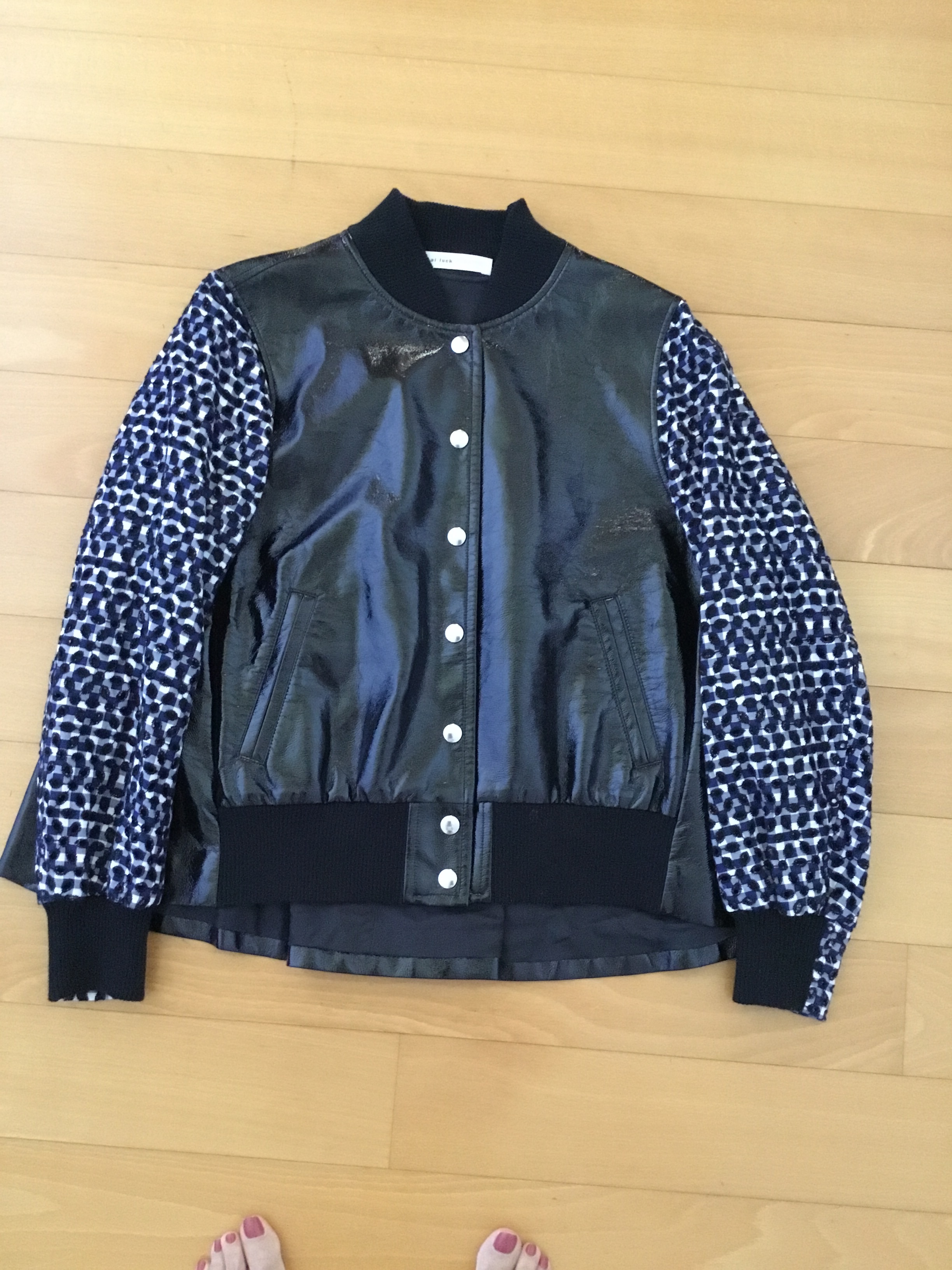 Preowned Sacai Black vinyl  blue gingham bomber jacket Size XS Black and blue cotton