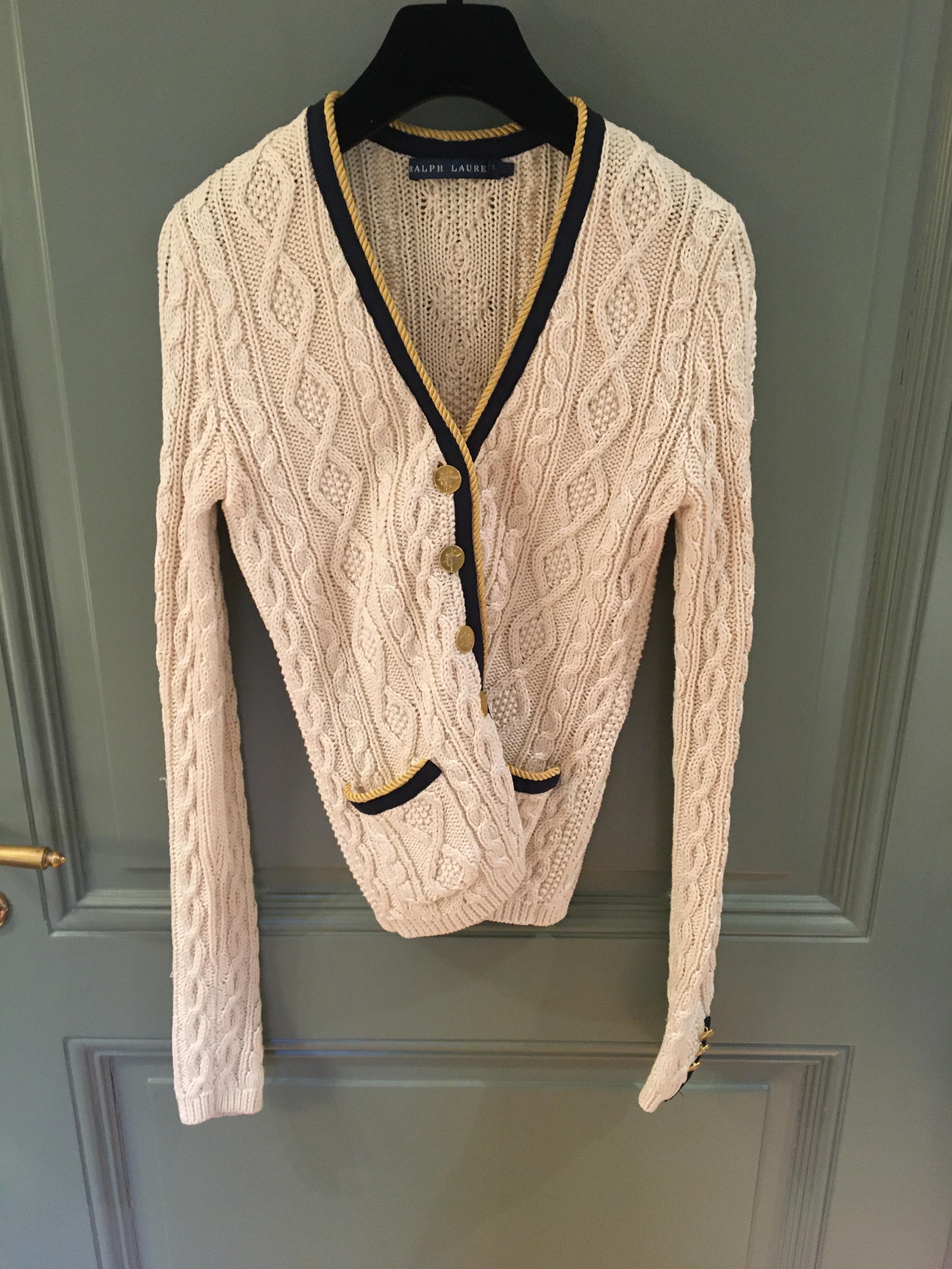 Preowned Ralph Lauren blue label cream cable knit cardigan Size S Beige/Nude cotton