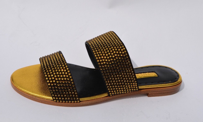 Rupert Sanderson Janis Gold Crystal and Black Leather Slippers Size 36