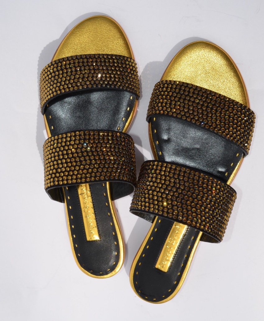 Rupert Sanderson Janis Gold Crystal and Black Leather Slippers Size 36