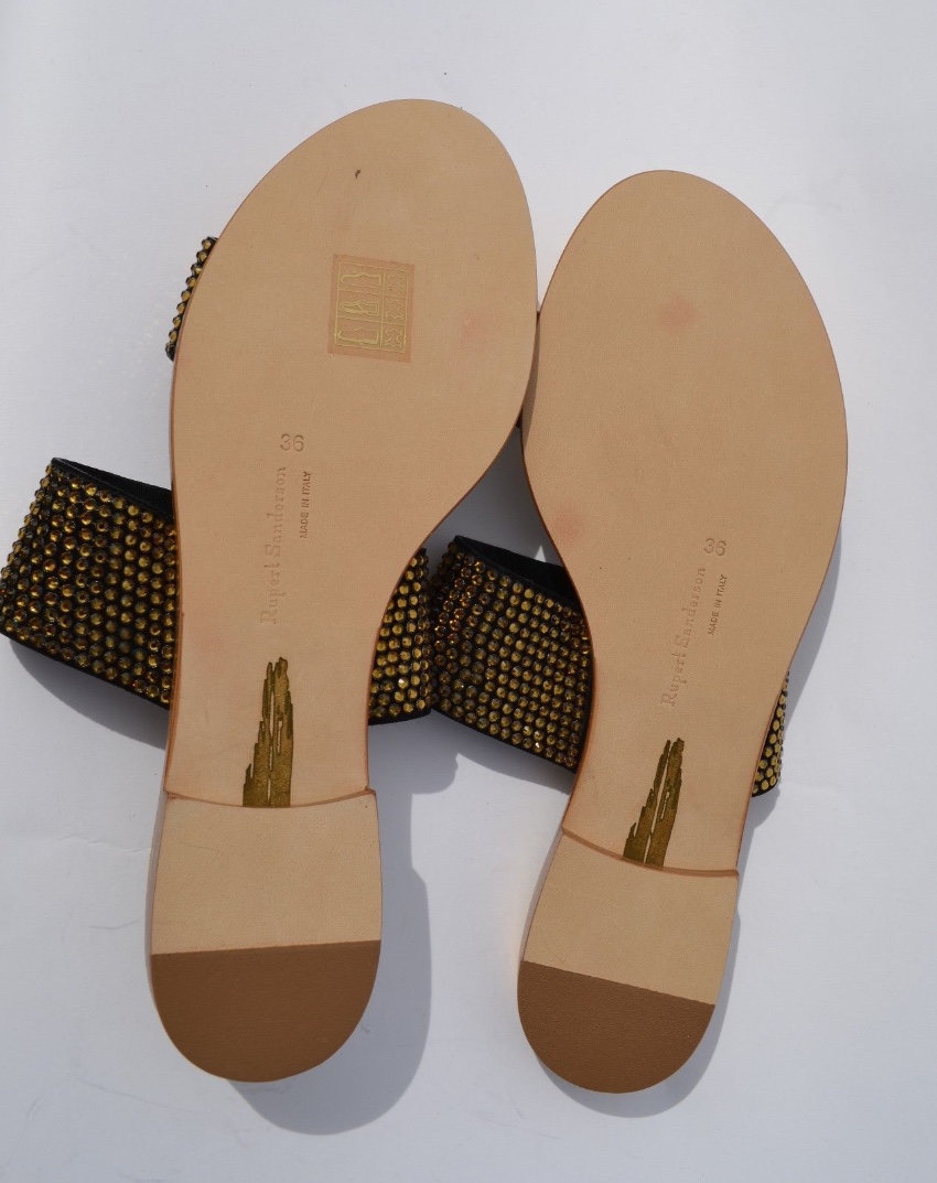 Rupert Sanderson Janis Gold Crystal and Black Leather Slippers Size 36