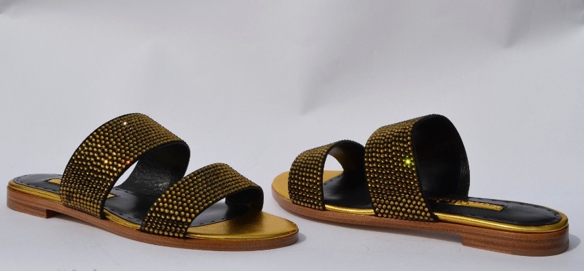 Rupert Sanderson Janis Gold Crystal and Black Leather Slippers Size 36