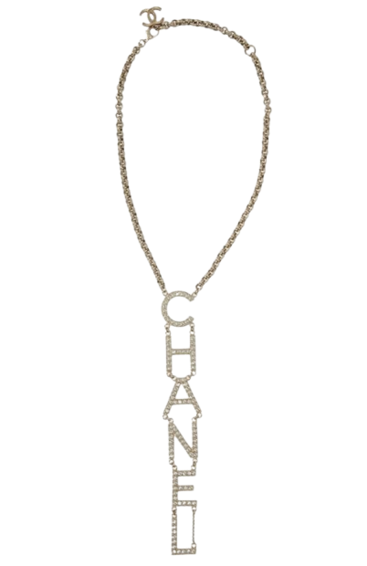 Preowned Chanel Champagne Gold Crystal Logo Necklace brass