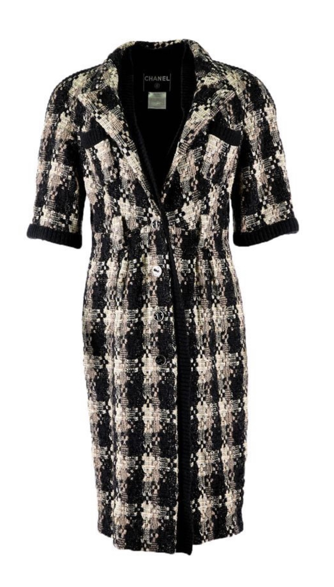 Preowned Chanel Black and White Tweed Short Sleeve Coat Size M multicolor