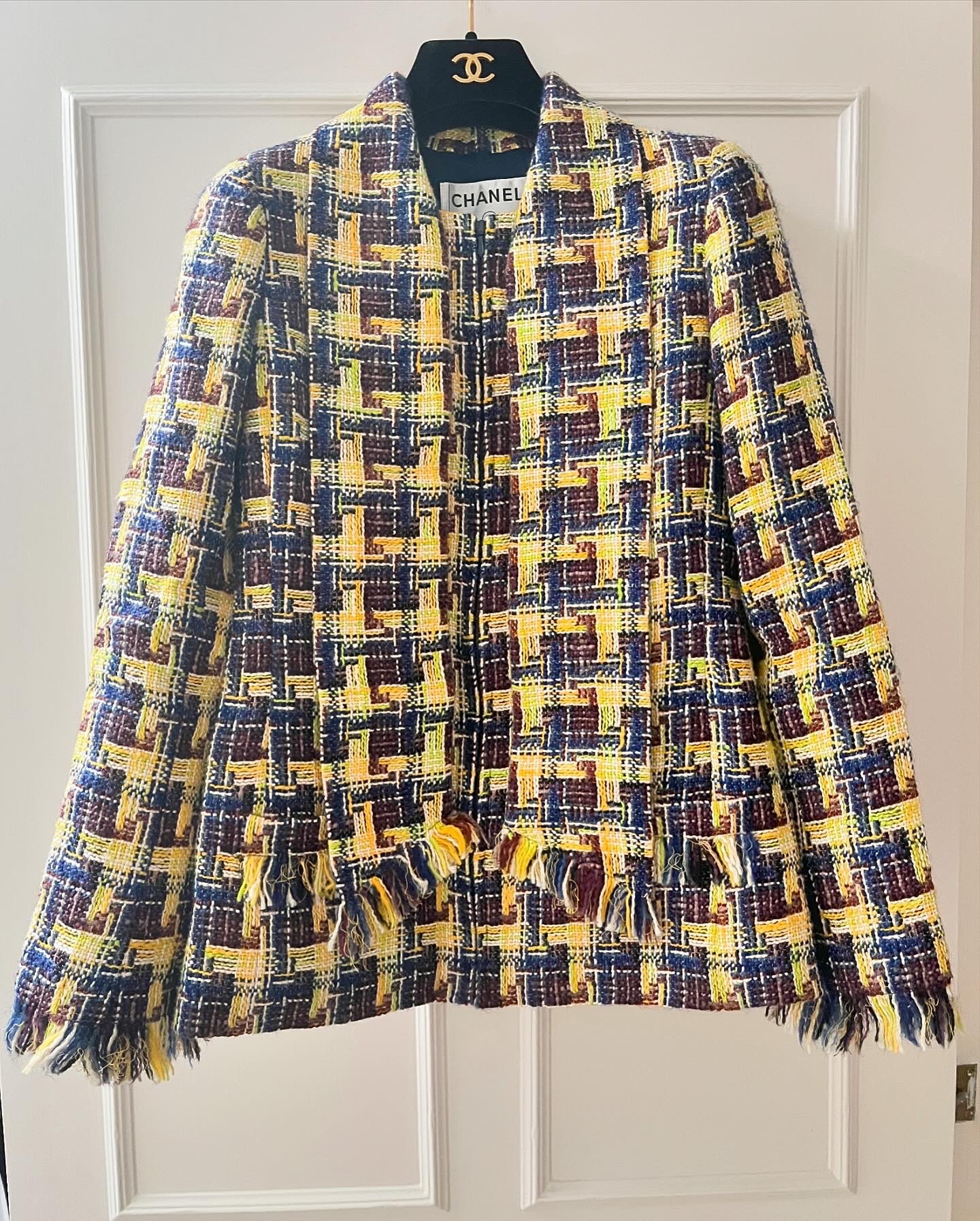 Preowned Chanel Yellow Tweed Jacket with Fringe Detail Size S Yellow / purple mix