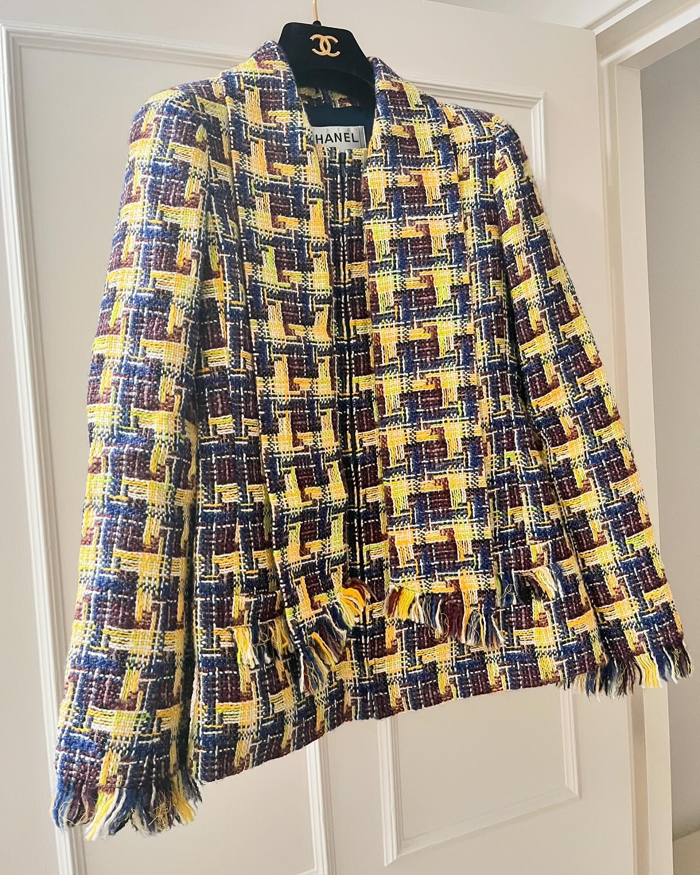 Preowned Chanel Yellow Tweed Jacket with Fringe Detail Size S Yellow / purple mix