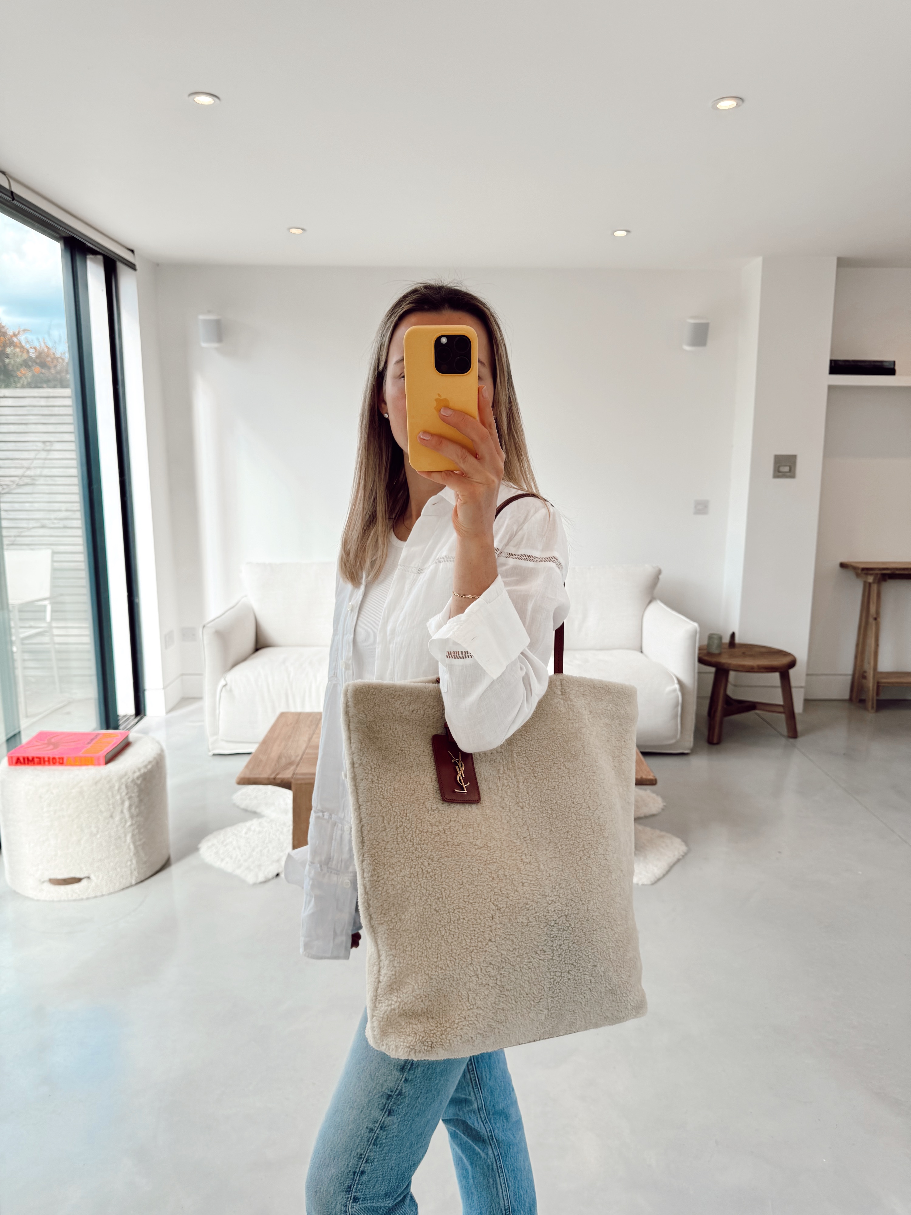 Preowned Saint Laurent Shearling East/West Tote Cream and tan leather/sheepskin