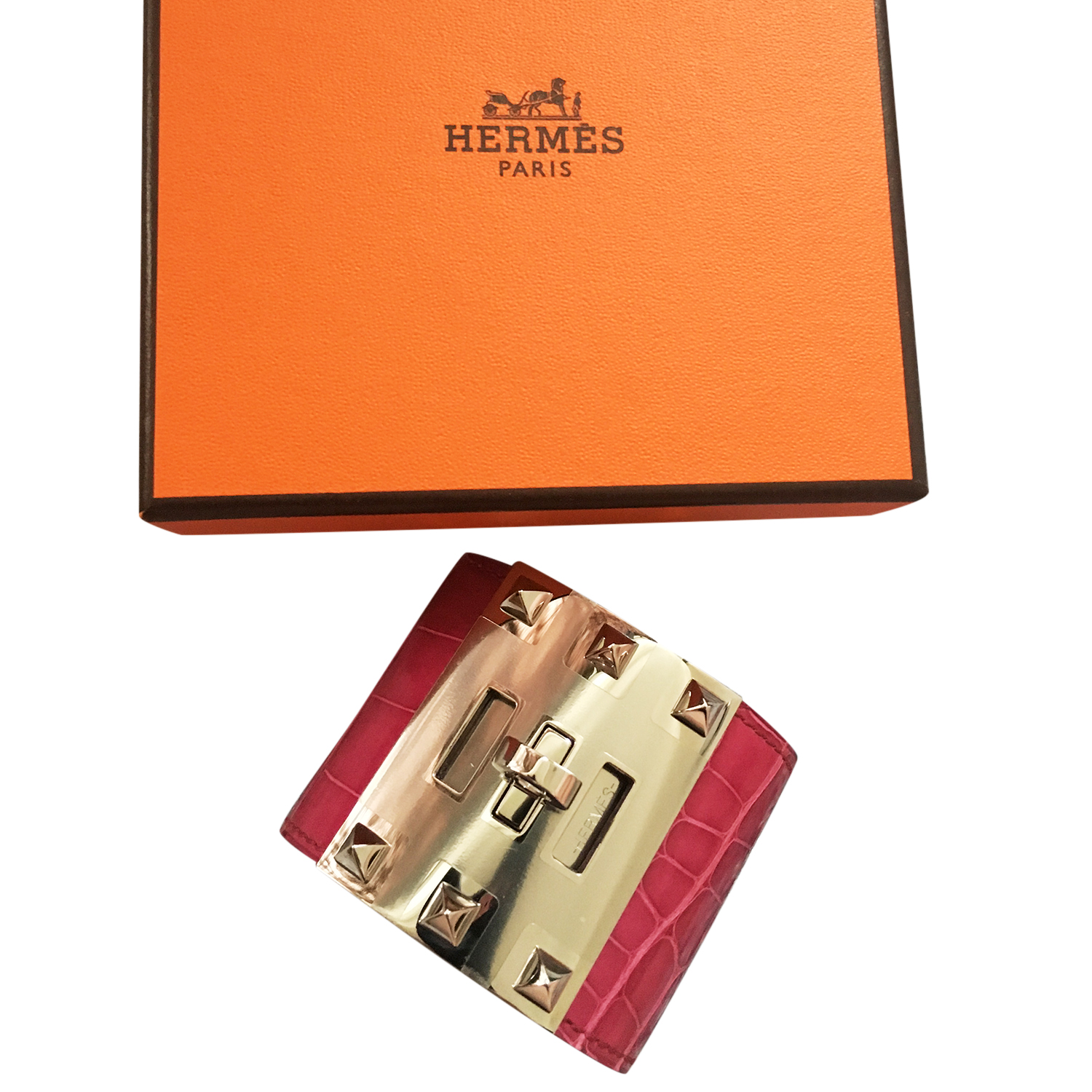 Preowned Hermes Rose Scheherazade Kelly Dog Cuff Size S Pink alligator