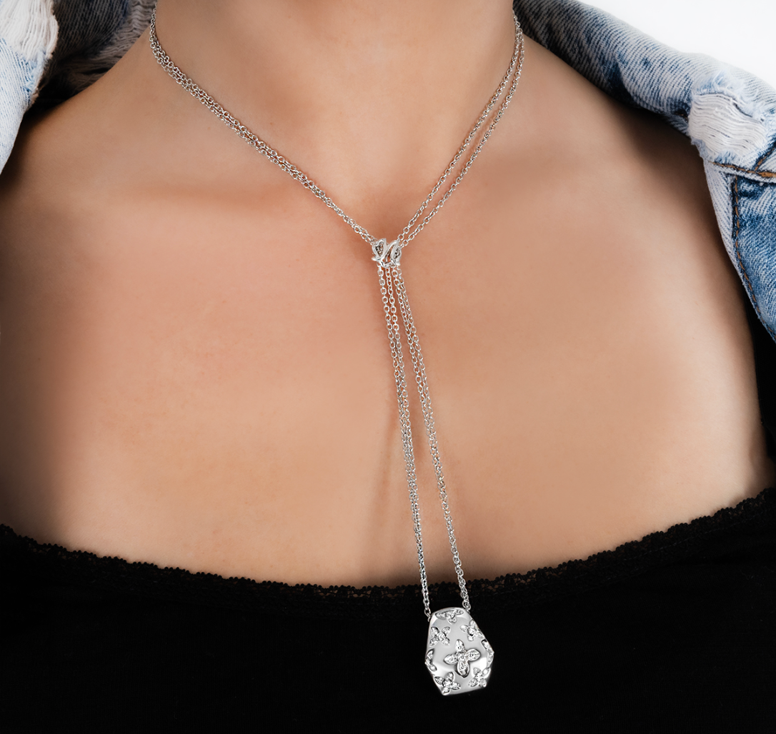 18kt White Gold Double Chain Diamond Pendant Necklace Silver k white gold