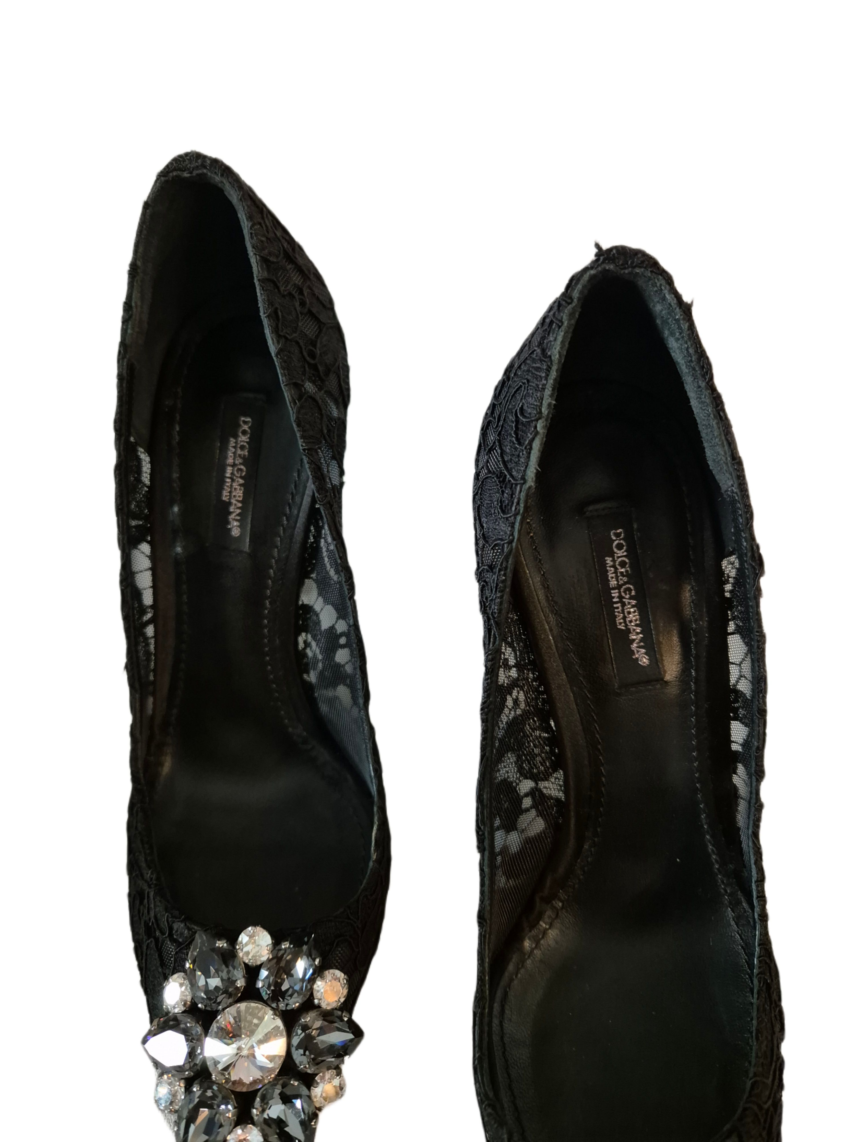 Preowned Dolce  Gabbana Crystal Embellished Black Lace Taormina Pumps Size 385 cloth