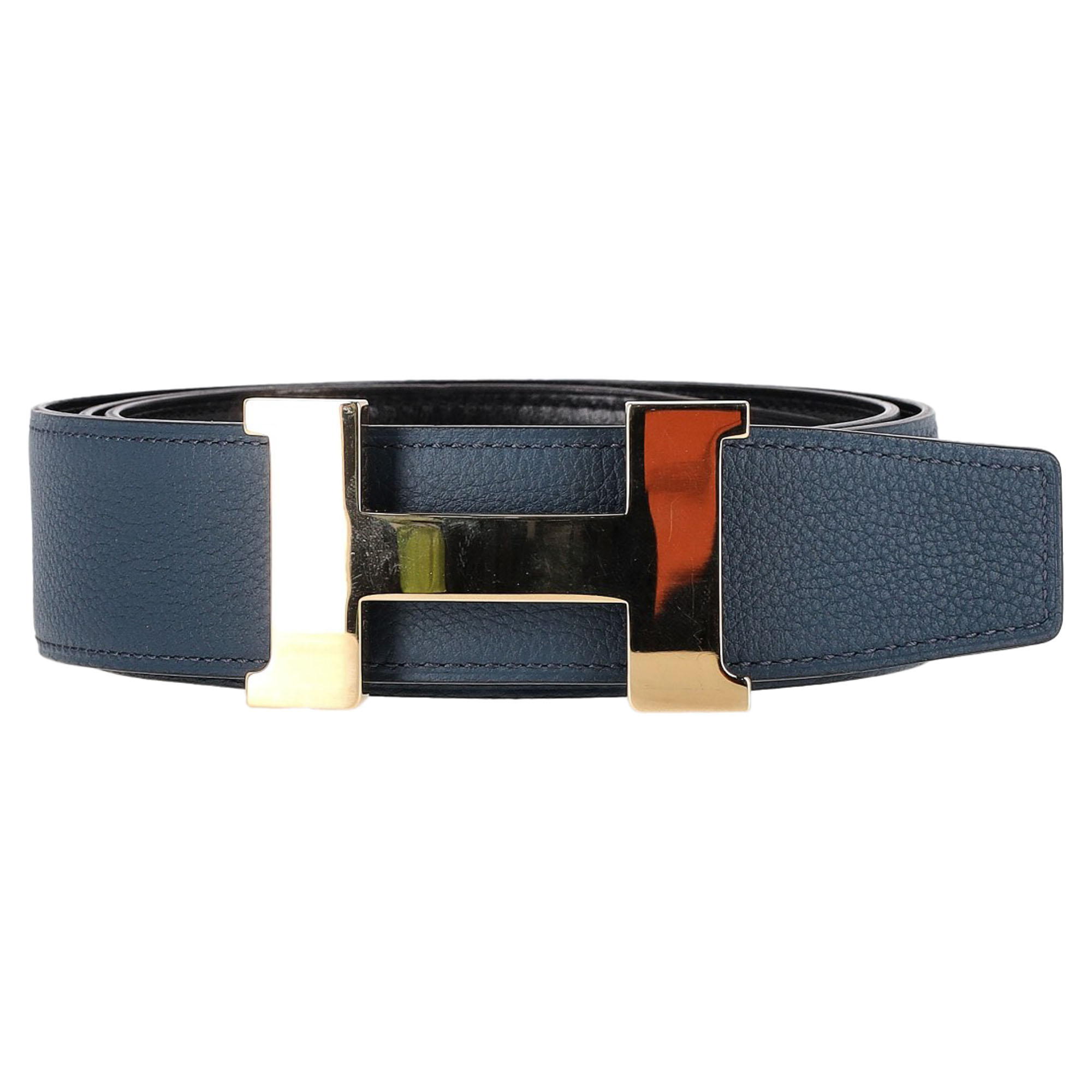 Men's Preowned Hermes Hermès Blue Leather Constance Belt with Gold Hardware blue | navy blue