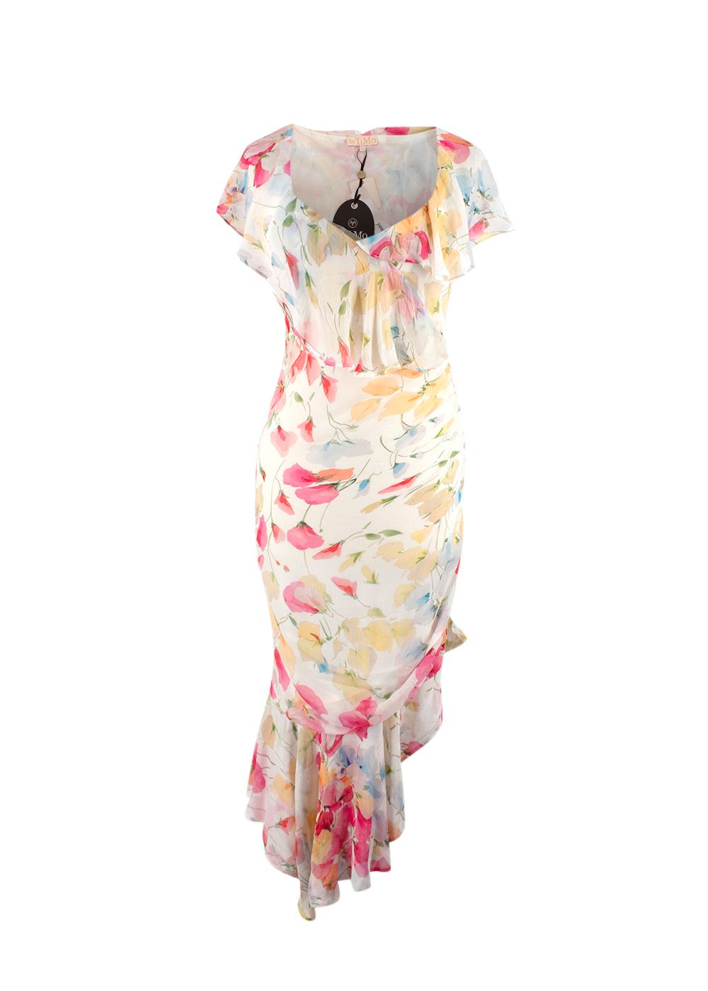 byTiMo Wildflowers Chiffon Asymmetric Dress Size XS White with Pink and Orange Floral viscose