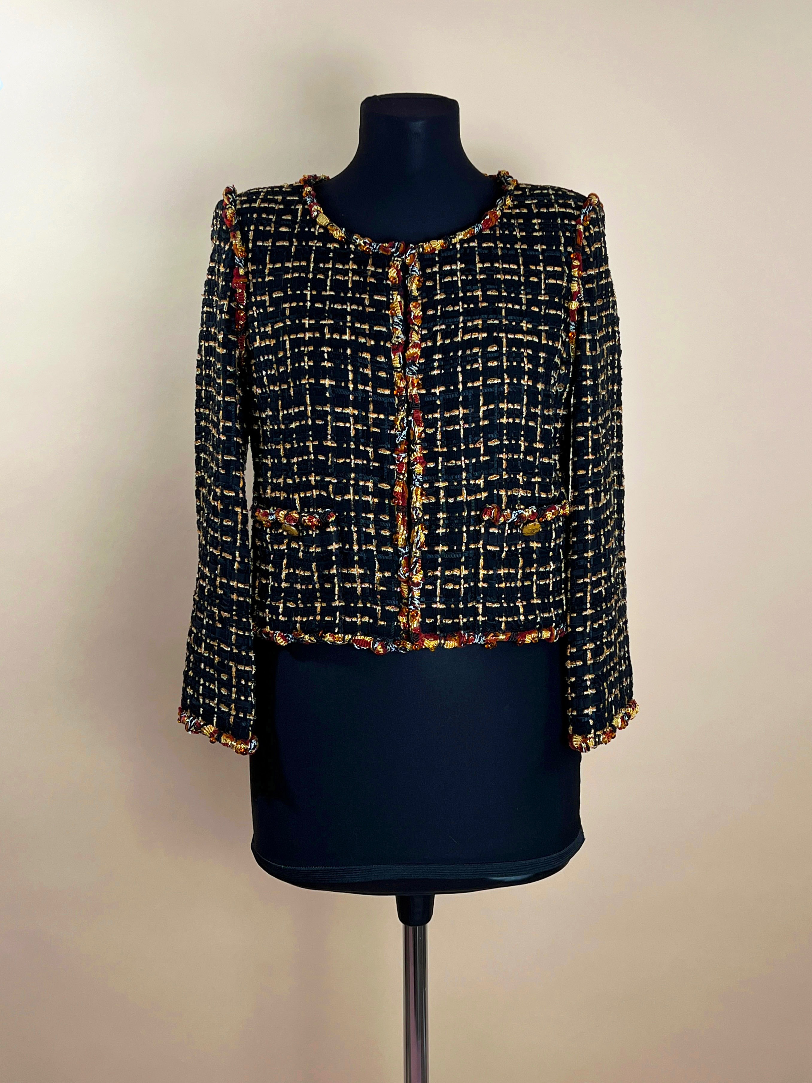 Chanel Black Tweed Contrast Trim Jacket Size S ribbon tweed