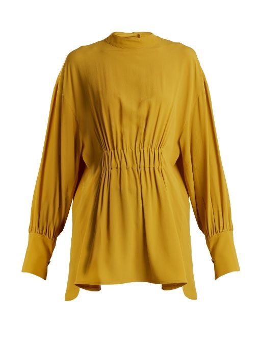 Preowned Marni mustard yellow silk crepe gathered waist blouse Size M