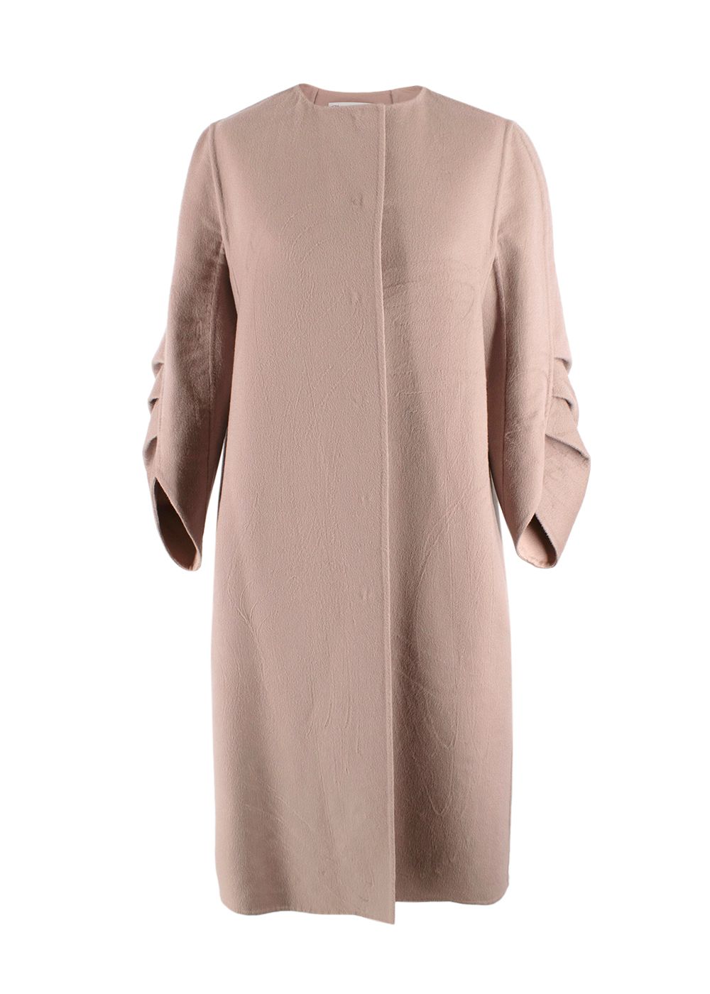 Dior Rose Des Vents Distressed Cashmere Coat with Ruched Sleeve Detail Size S Dusty Rose Pink